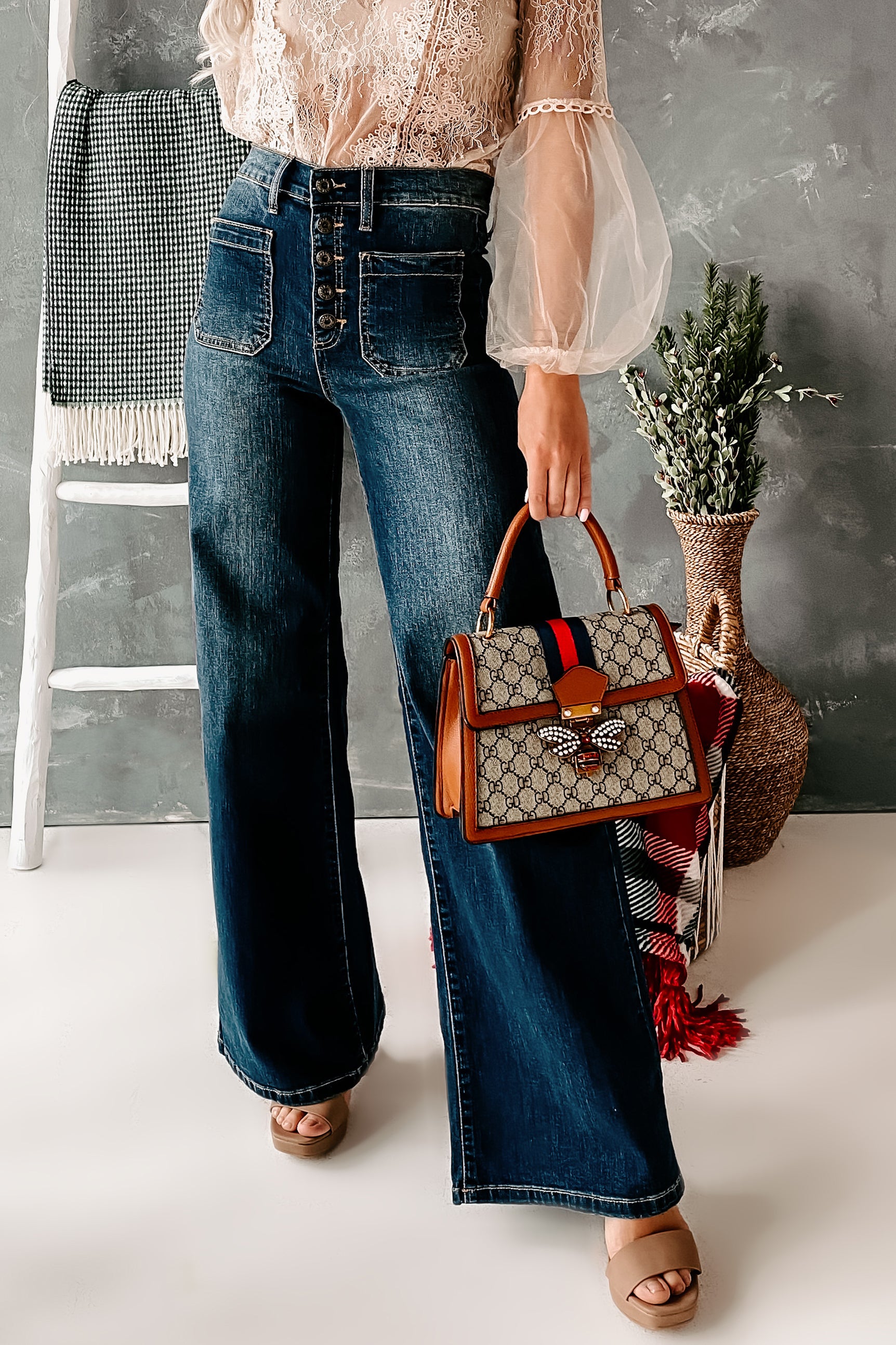 Take Responsibility Sneak Peek High Rise Button-Fly Wide Leg Jeans (Dark)-The Formal Wear