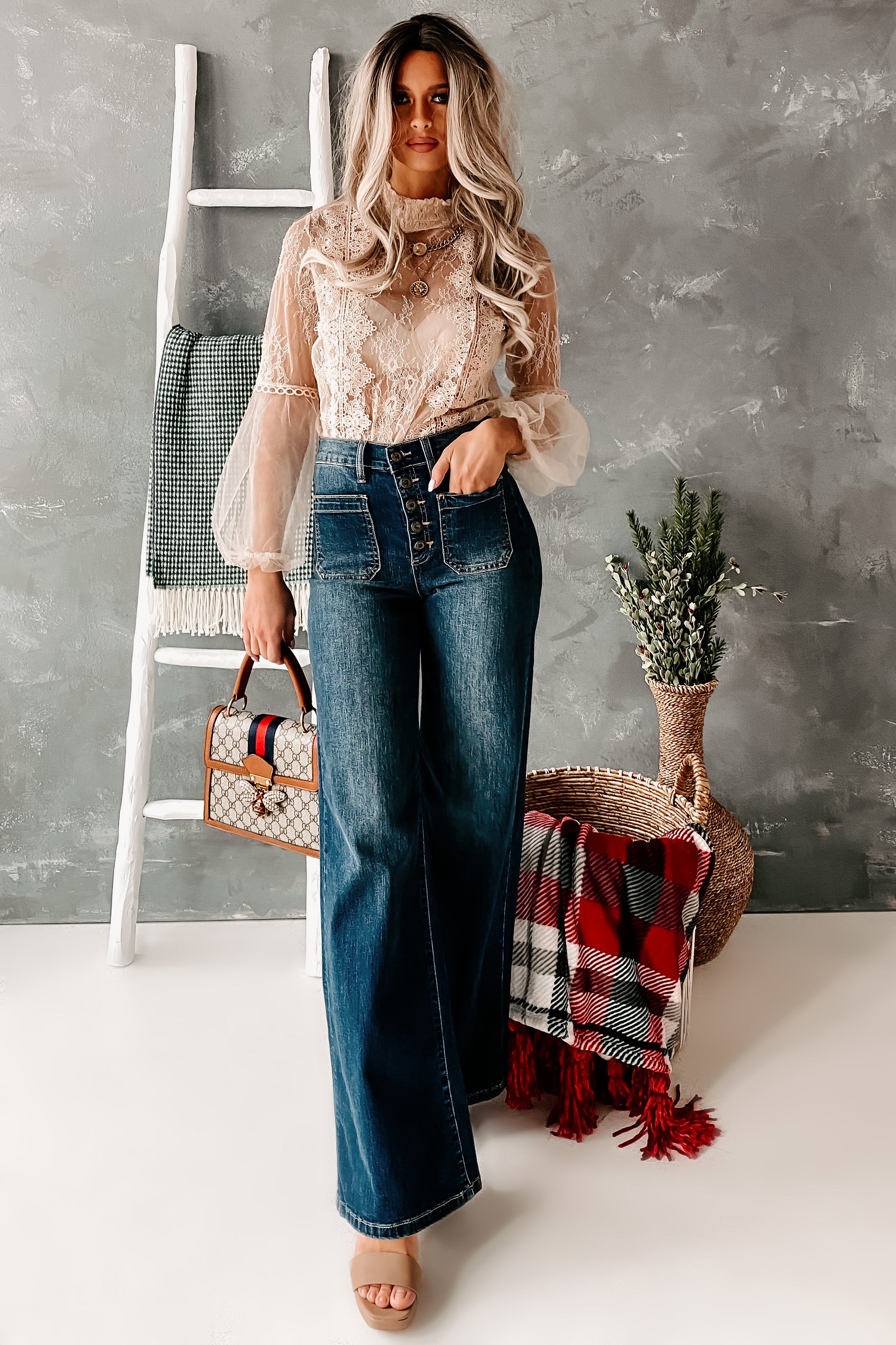 Take Responsibility Sneak Peek High Rise Button-Fly Wide Leg Jeans (Dark)-The Formal Wear