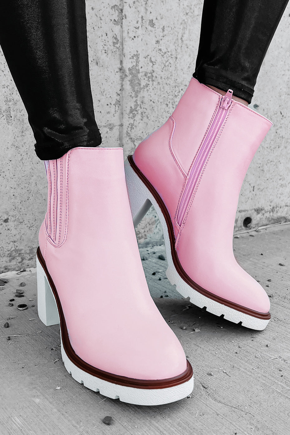 Full Of Attitude Faux Leather Platform Booties (Light Pink)-The Formal Wear