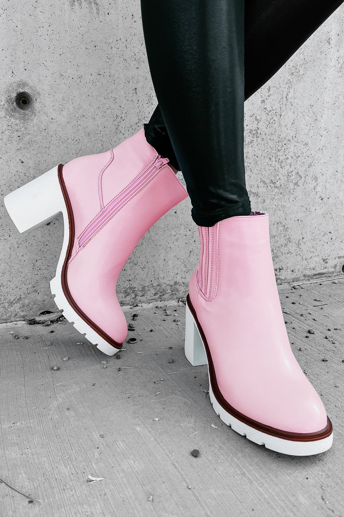 Full Of Attitude Faux Leather Platform Booties (Light Pink)-The Formal Wear