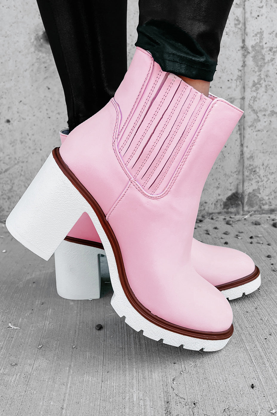 Full Of Attitude Faux Leather Platform Booties (Light Pink)-The Formal Wear
