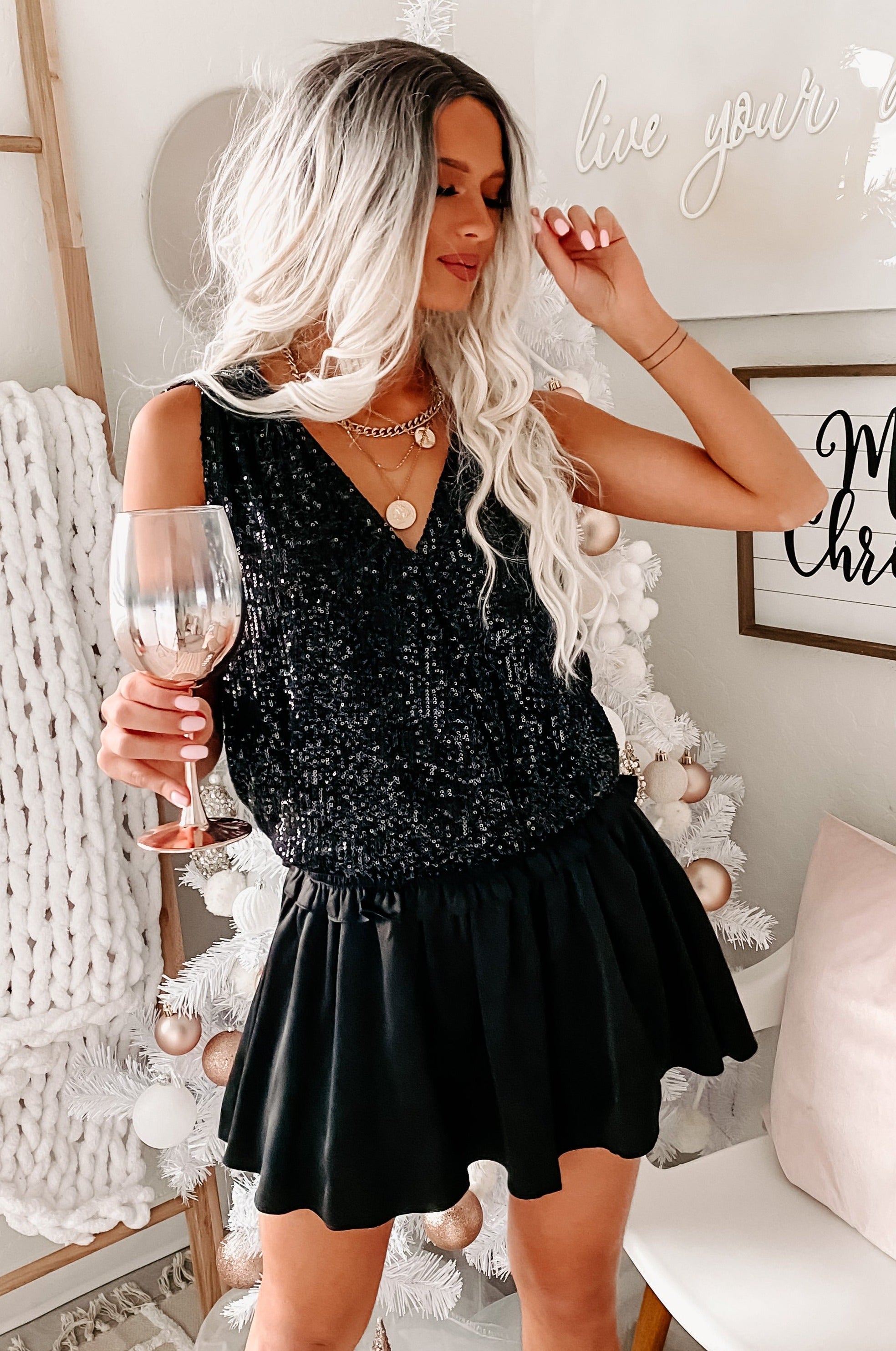 Glamorous Nights Sequin Surplice Top (Black)-The Formal Wear