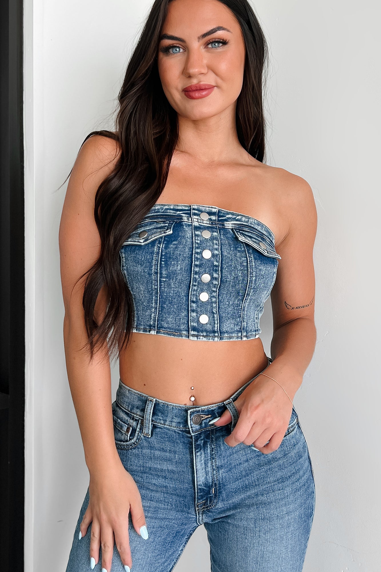 I'd Stare Too Strapless Denim Top (Medium Denim)-The Formal Wear