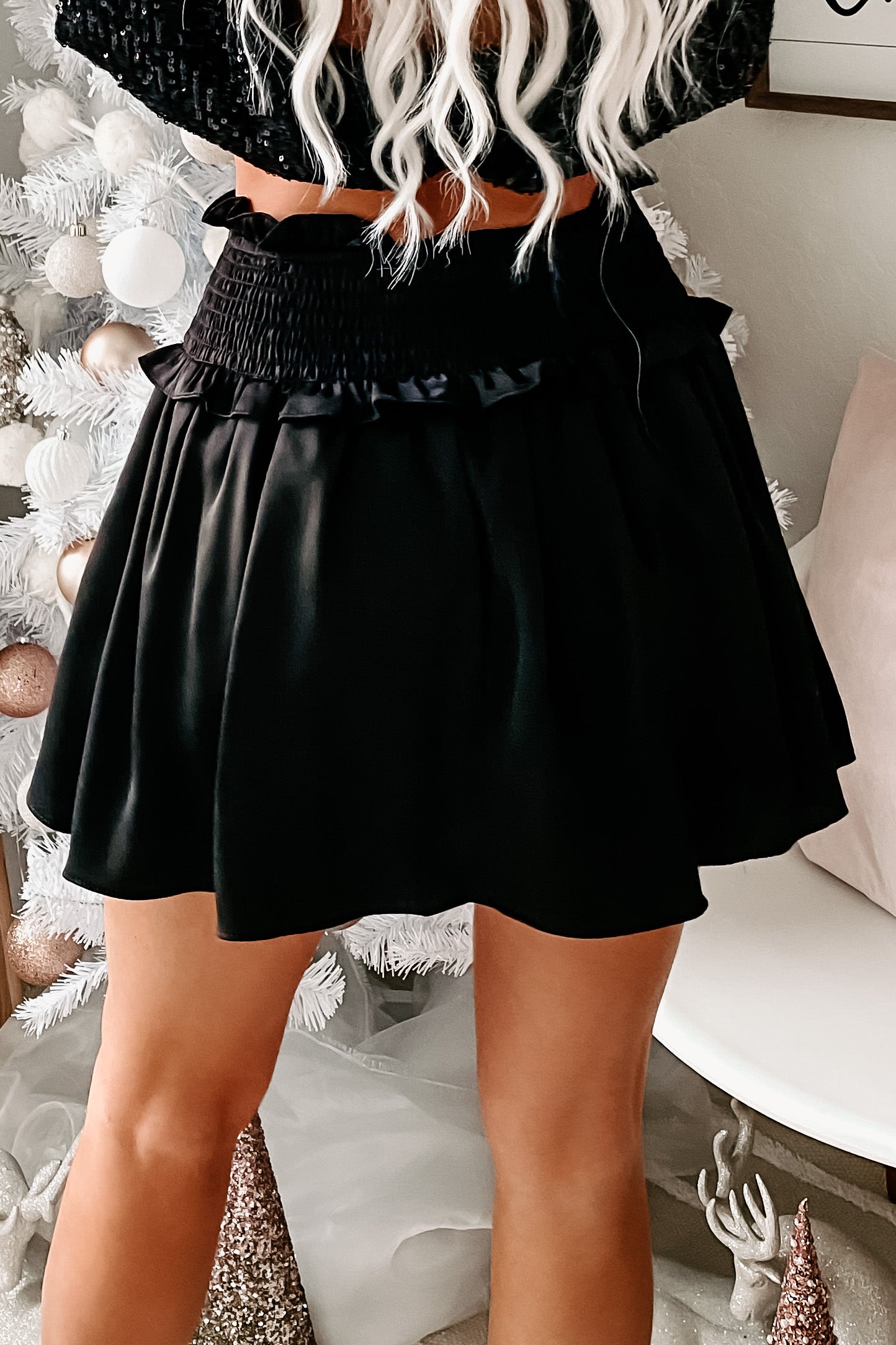 Catch Me There Smocked Satin Skort (Black)-The Formal Wear