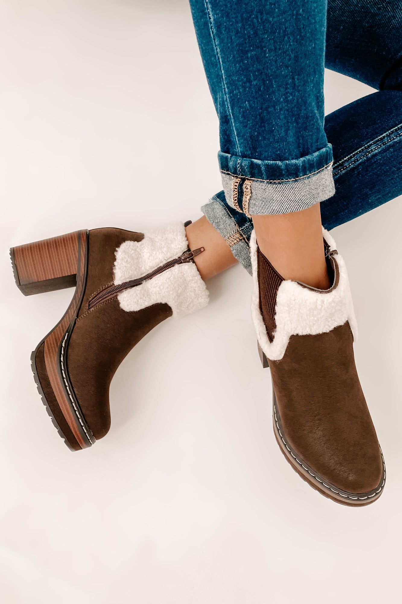 IMPERFECT Stay In Step Sherpa Cuff Platform Booties (Brown)-The Formal Wear