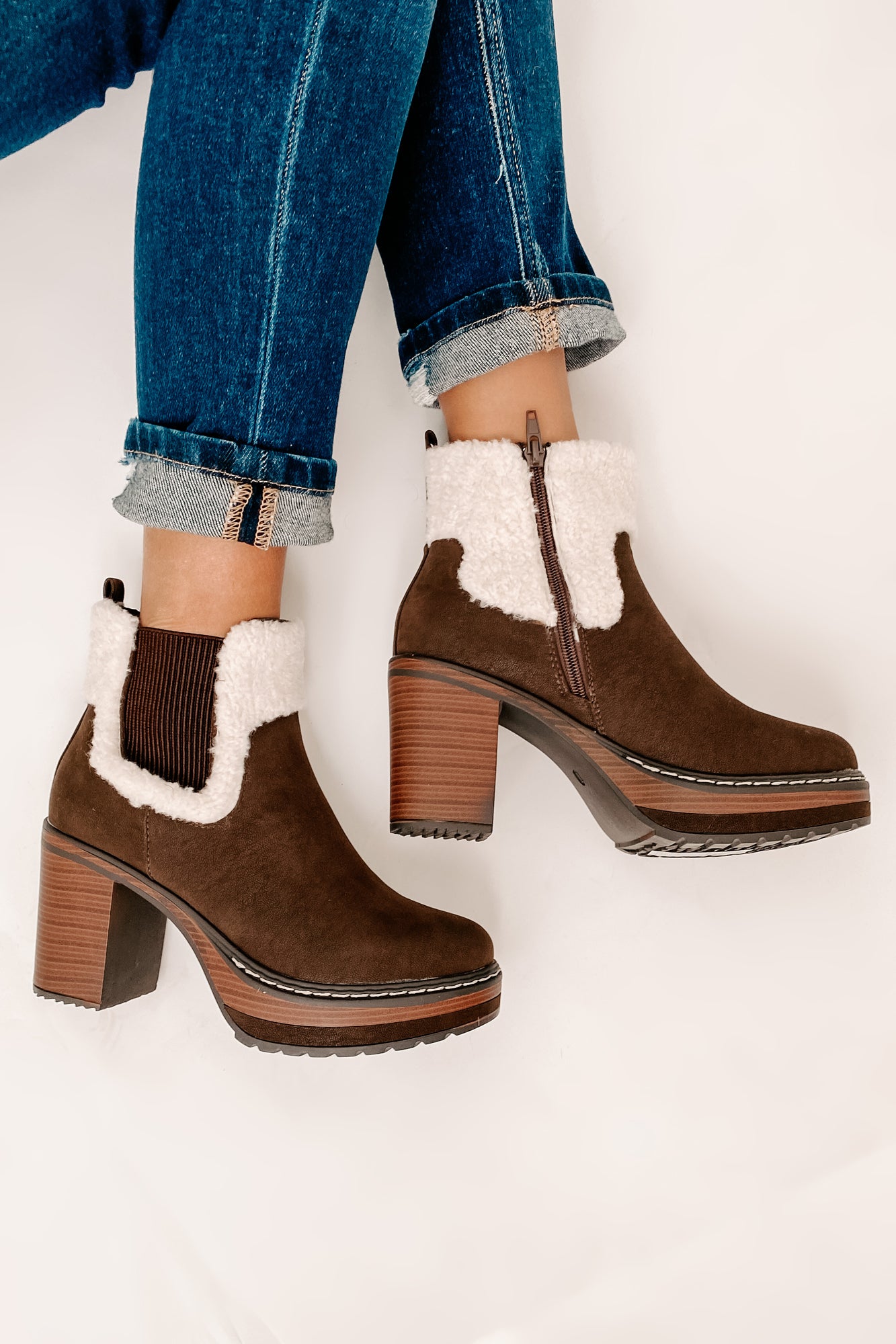 IMPERFECT Stay In Step Sherpa Cuff Platform Booties (Brown)-The Formal Wear