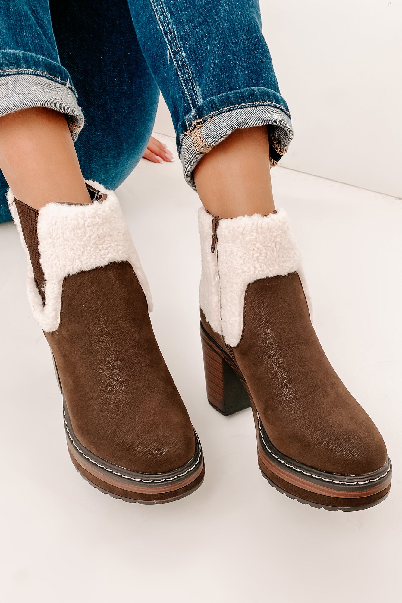 IMPERFECT Stay In Step Sherpa Cuff Platform Booties (Brown)-The Formal Wear