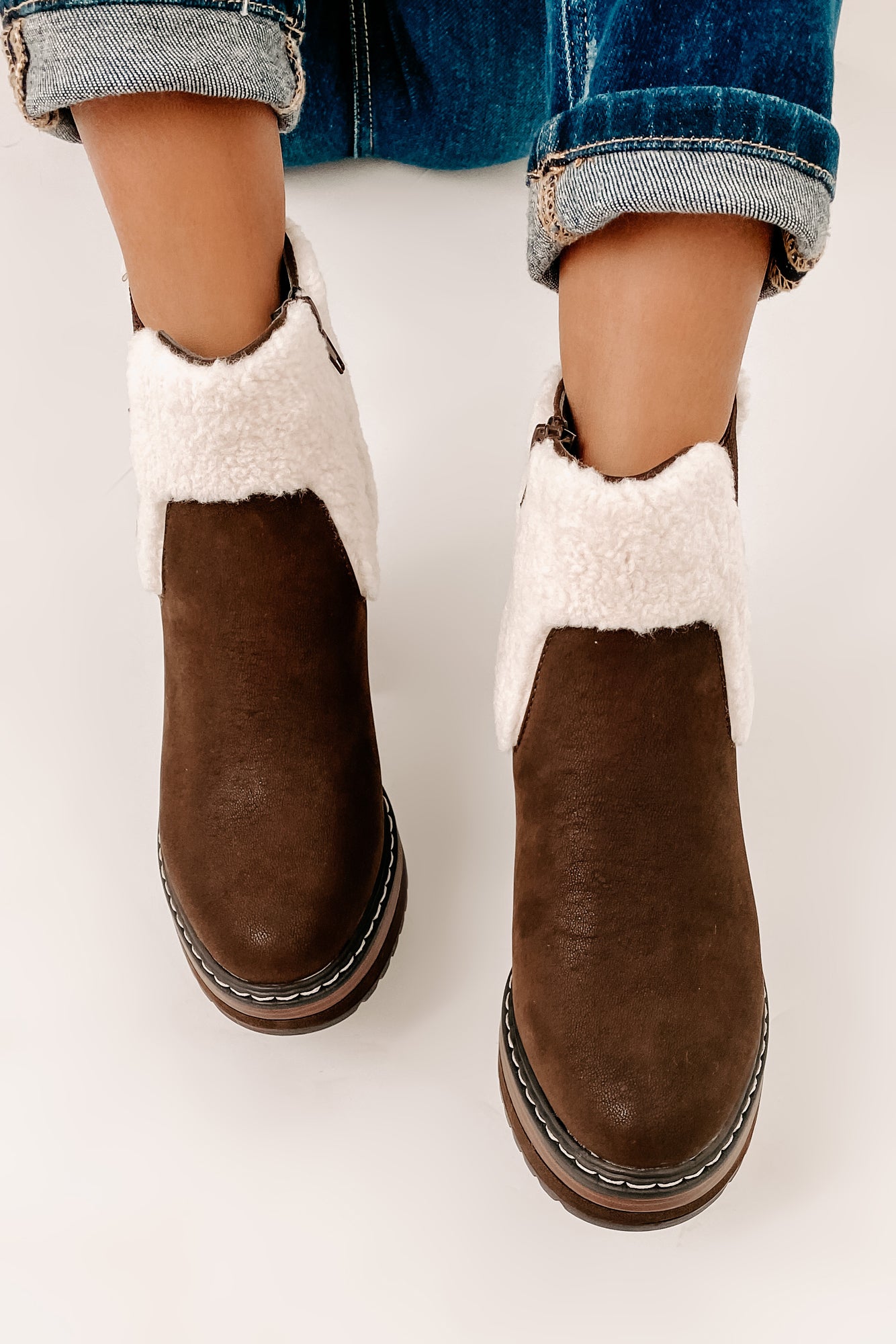 IMPERFECT Stay In Step Sherpa Cuff Platform Booties (Brown)-The Formal Wear