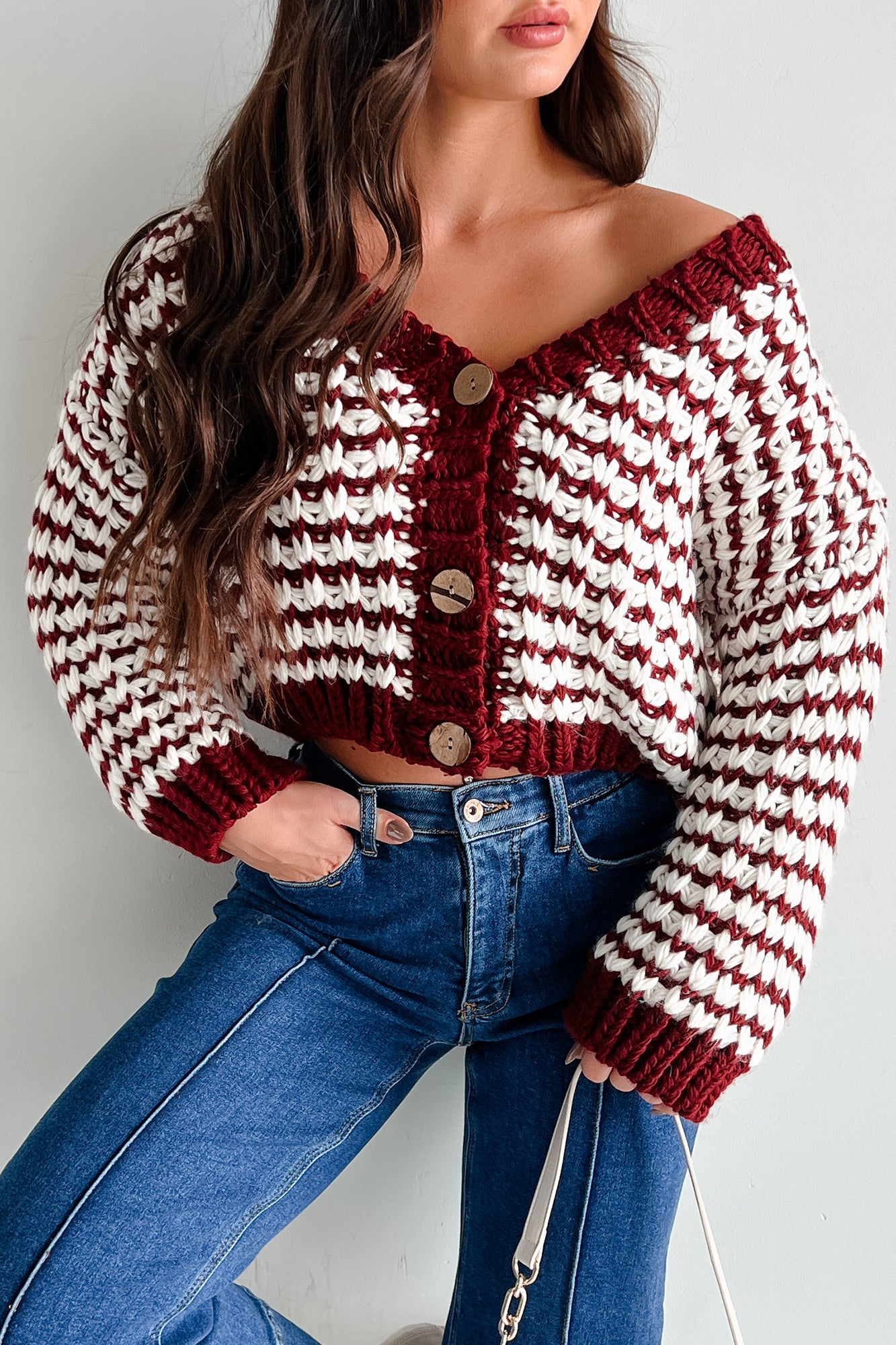 DOORBUSTER Easy Aspirations Chunky Striped Cardigan (Burgundy/White)-The Formal Wear