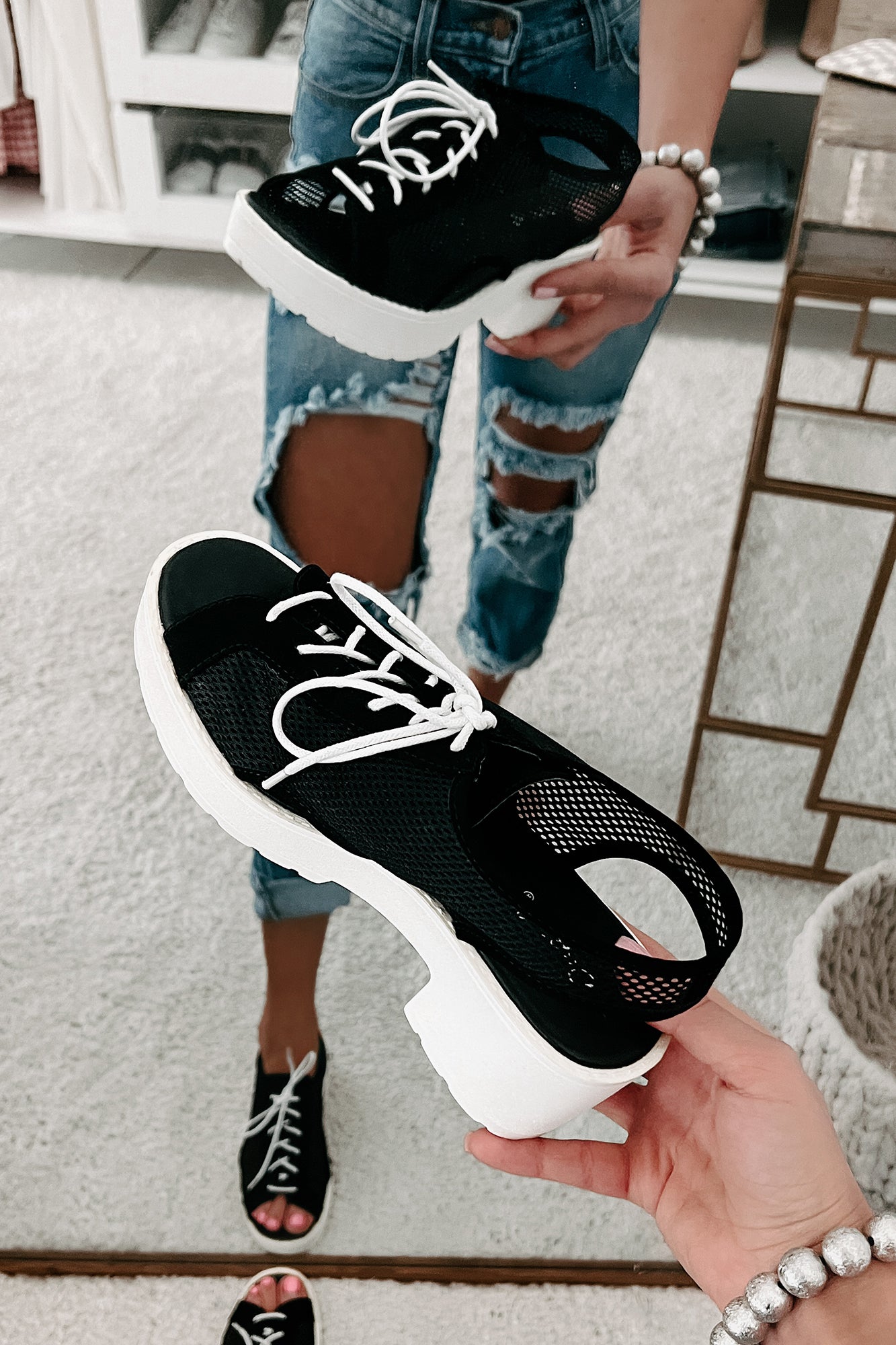 New Kid In Town Lace-Up Mesh Platform Sandals (Black)-The Formal Wear