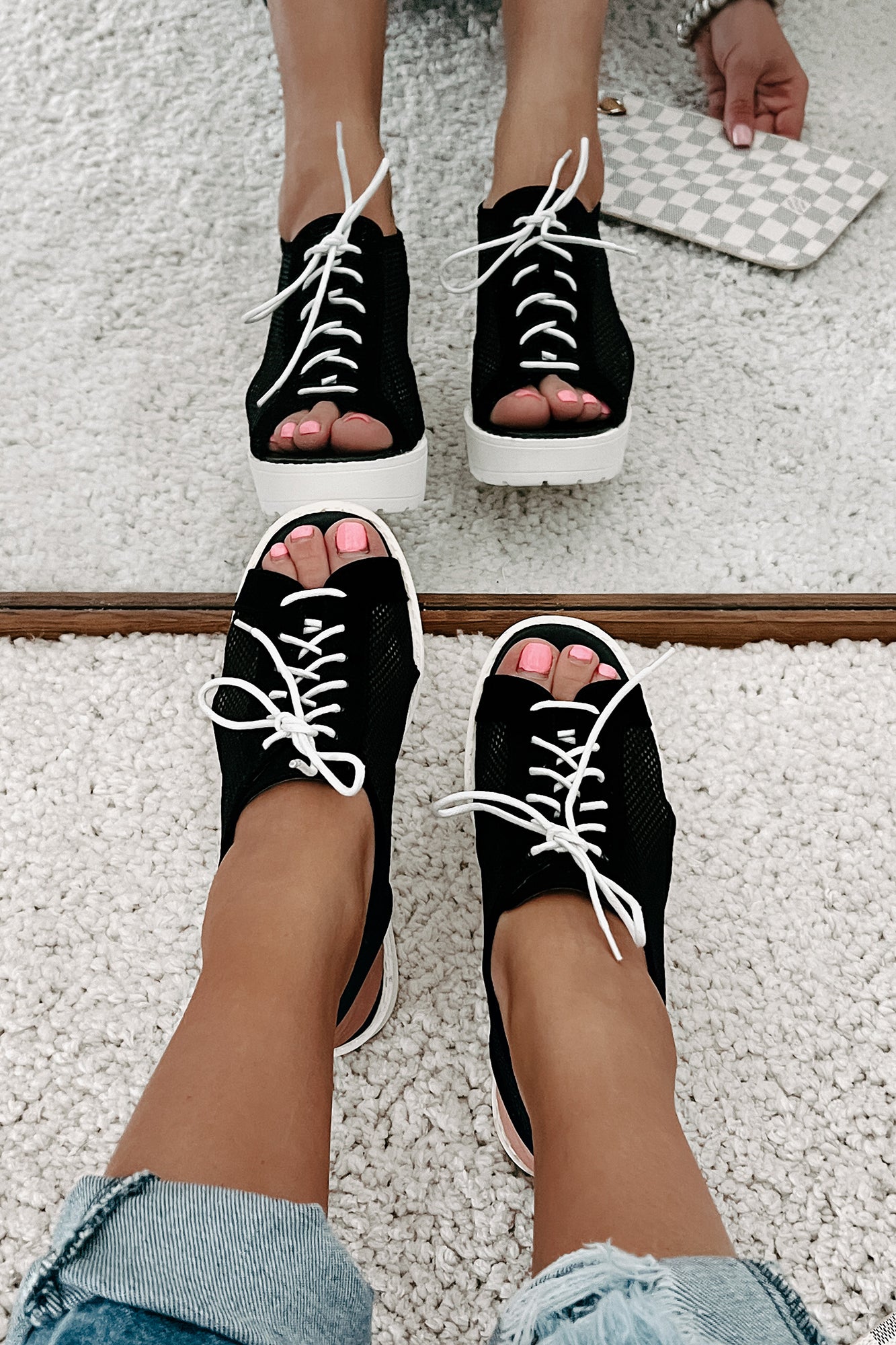 New Kid In Town Lace-Up Mesh Platform Sandals (Black)-The Formal Wear