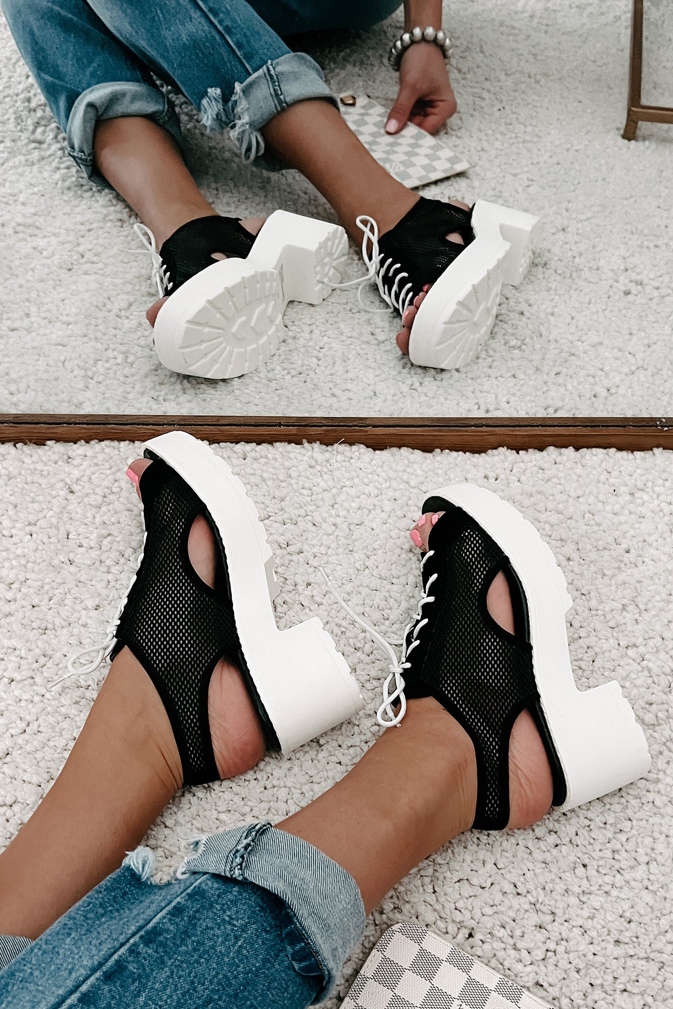 New Kid In Town Lace-Up Mesh Platform Sandals (Black)-The Formal Wear