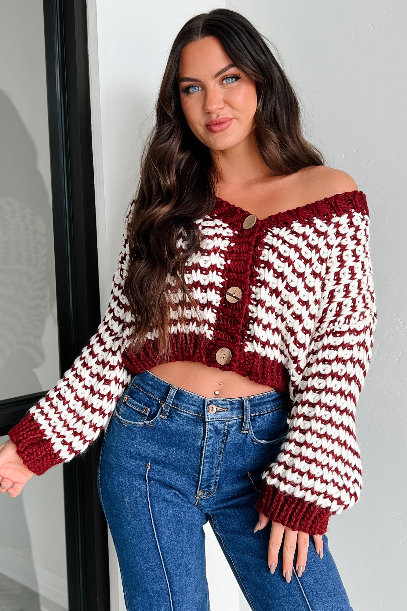 DOORBUSTER Easy Aspirations Chunky Striped Cardigan (Burgundy/White)-The Formal Wear