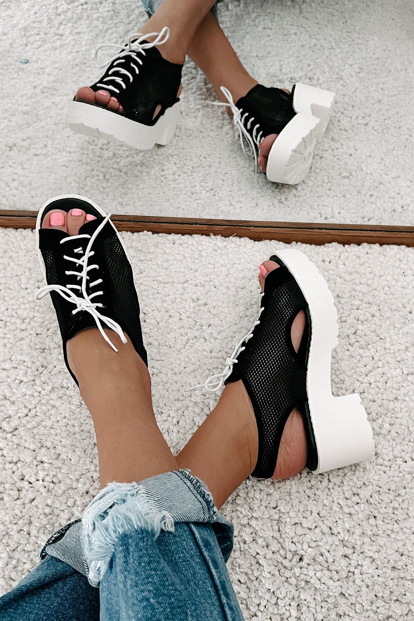 New Kid In Town Lace-Up Mesh Platform Sandals (Black)-The Formal Wear