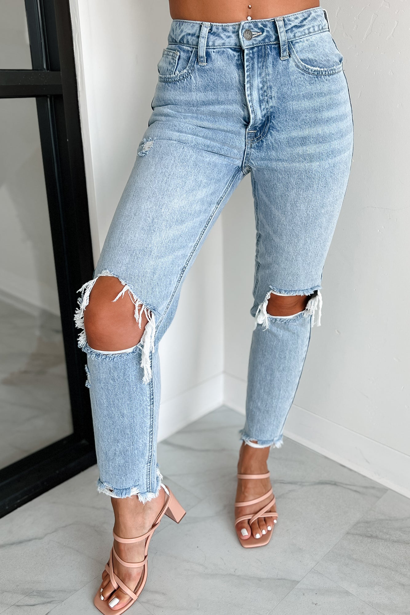 Alaina High Rise Distressed Boyfriend Jeans (Light Denim)-The Formal Wear