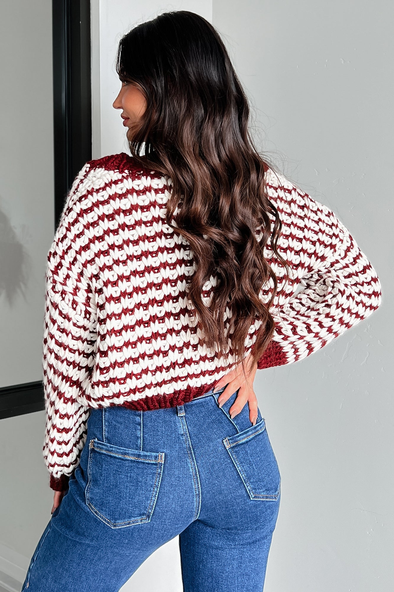 DOORBUSTER Easy Aspirations Chunky Striped Cardigan (Burgundy/White)-The Formal Wear