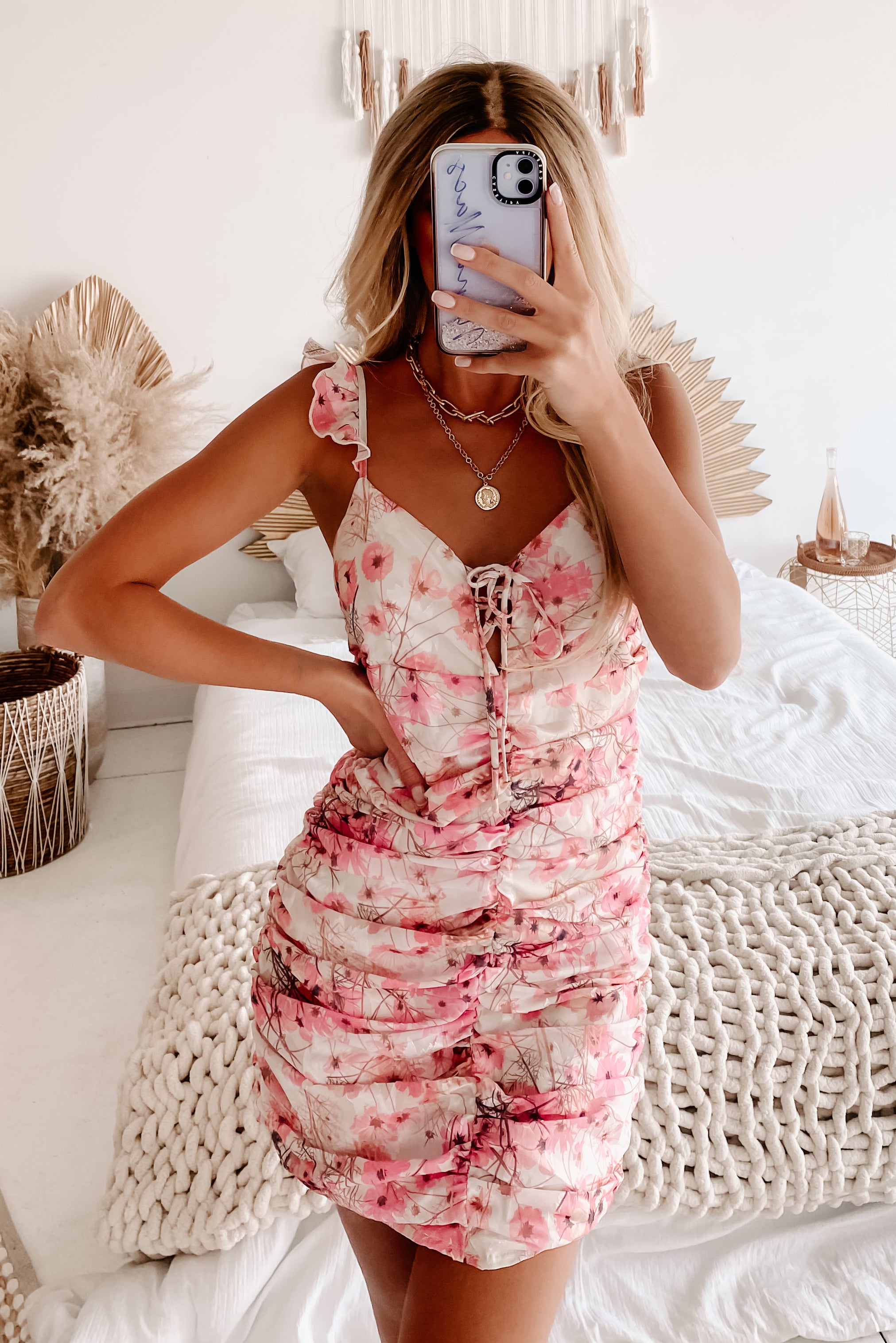 Polaroid Perfect Ruched Front Floral Mini Dress (Fucshia)-The Formal Wear