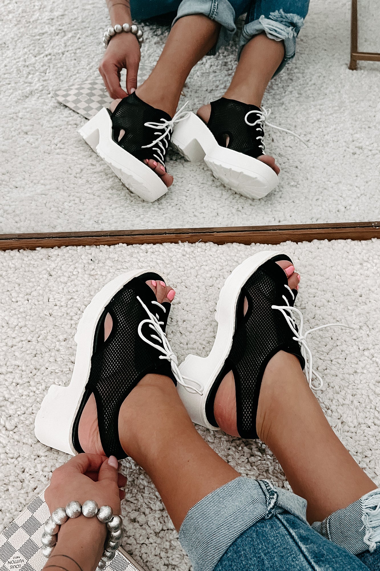 New Kid In Town Lace-Up Mesh Platform Sandals (Black)-The Formal Wear