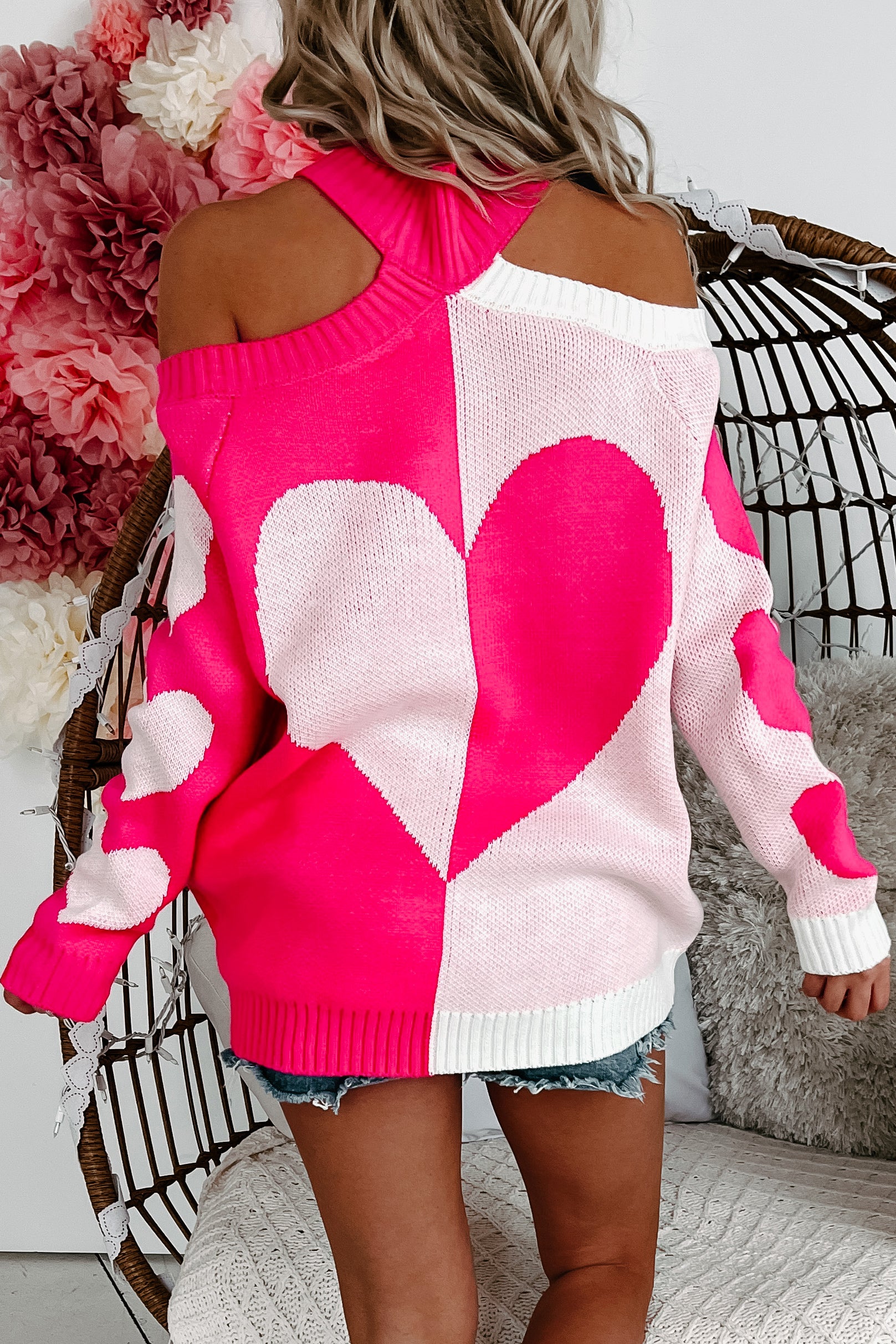 Falling In Love Heart Pattern Cold Shoulder Sweater (Hot Pink)-The Formal Wear