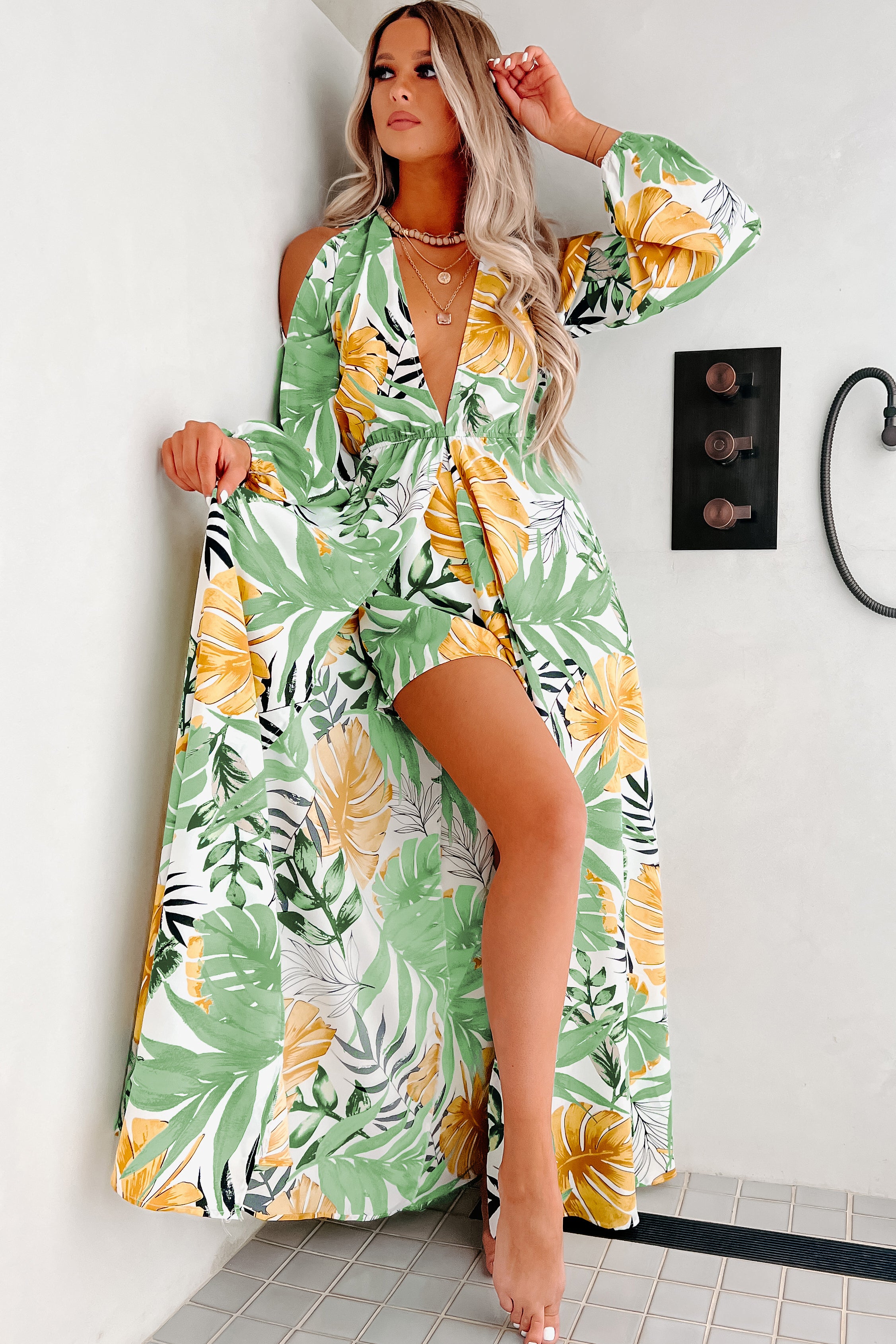 Bali Bombshell Tropical Print Raxi (Off White/Green)-The Formal Wear