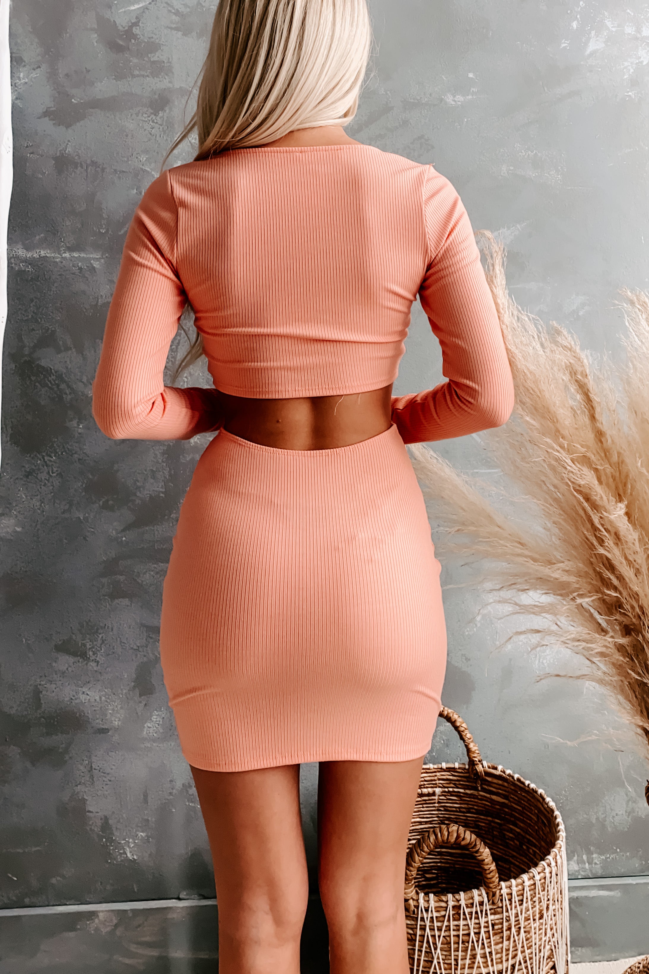 Cut Me Out Long Sleeve Cut-Out Mini Dress (Peach)-The Formal Wear