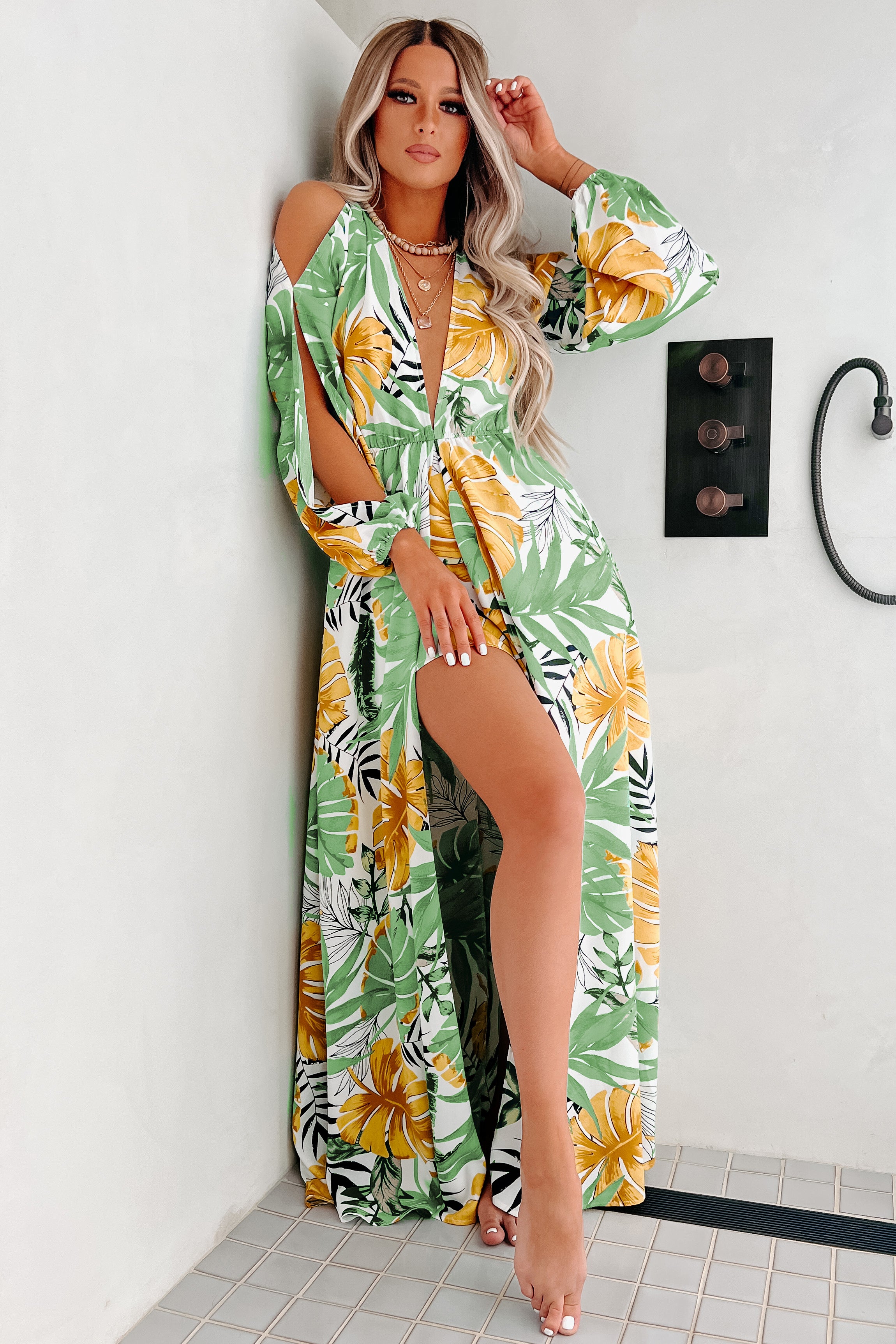 Bali Bombshell Tropical Print Raxi (Off White/Green)-The Formal Wear