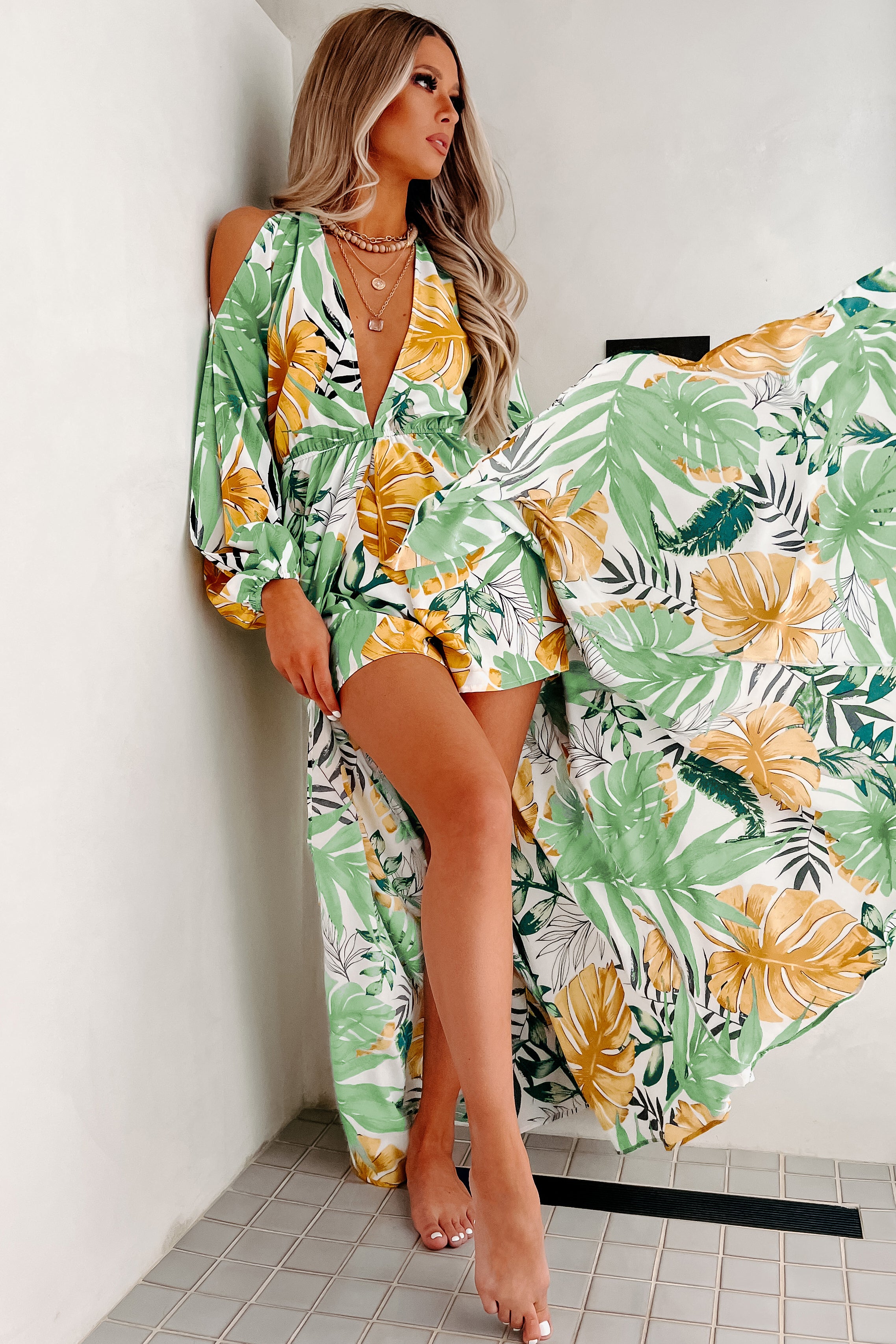 Bali Bombshell Tropical Print Raxi (Off White/Green)-The Formal Wear