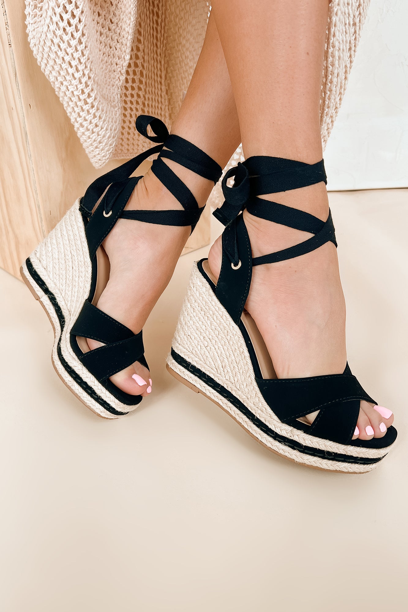 Confidence Factor Ankle Wrap Platform Wedge Sandals (Black)-The Formal Wear