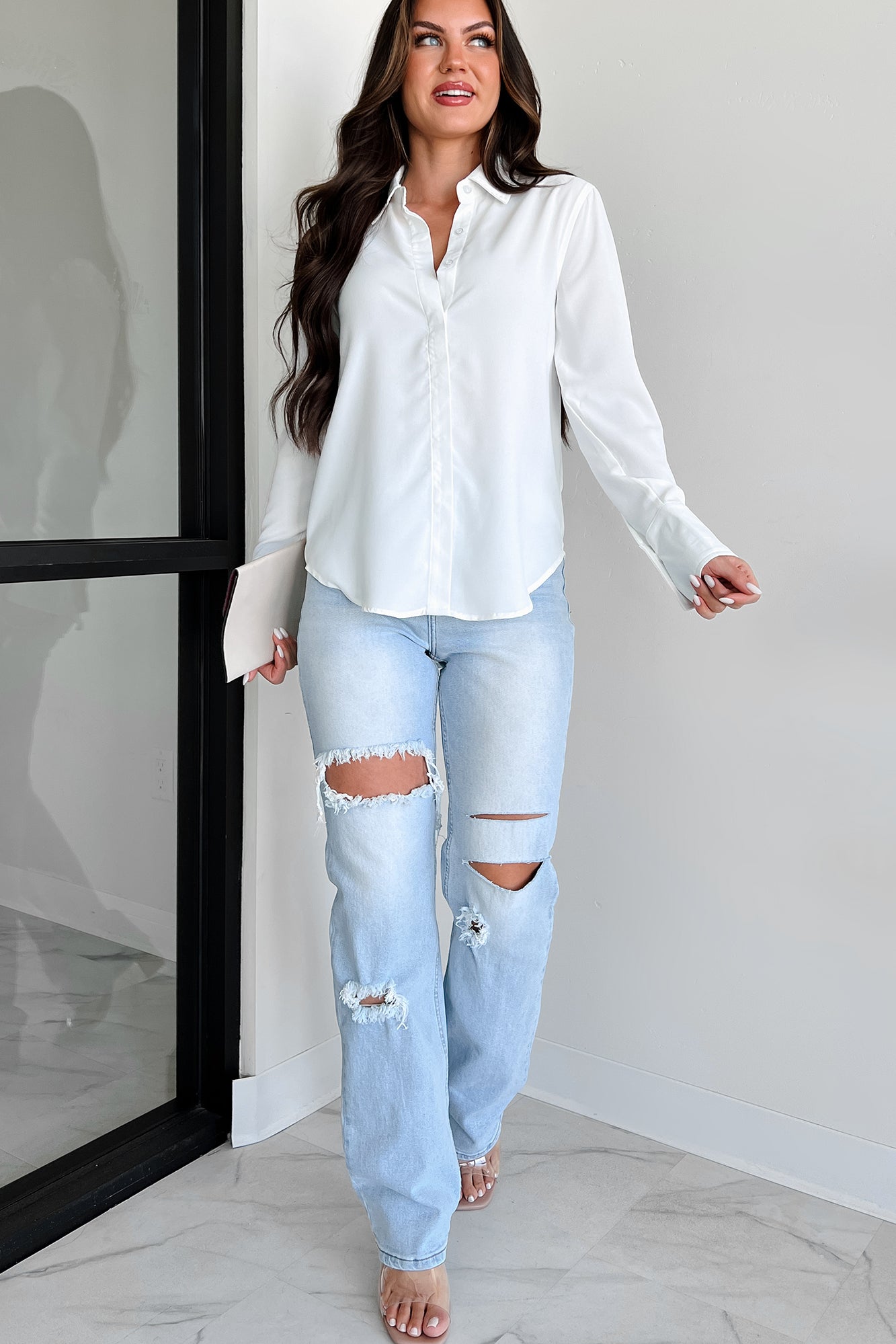 Only Good Days High Rise Distressed Wide Leg Jeans (Light)-The Formal Wear