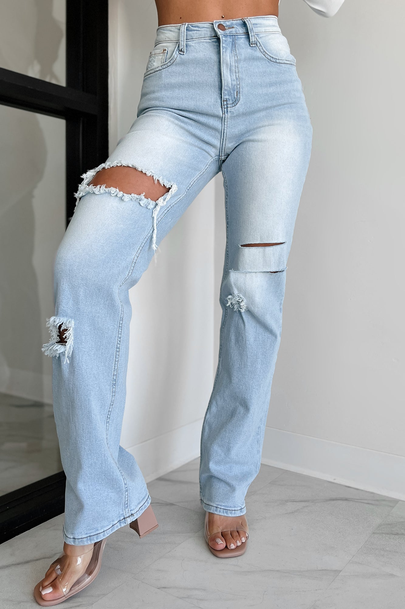 Only Good Days High Rise Distressed Wide Leg Jeans (Light)-The Formal Wear