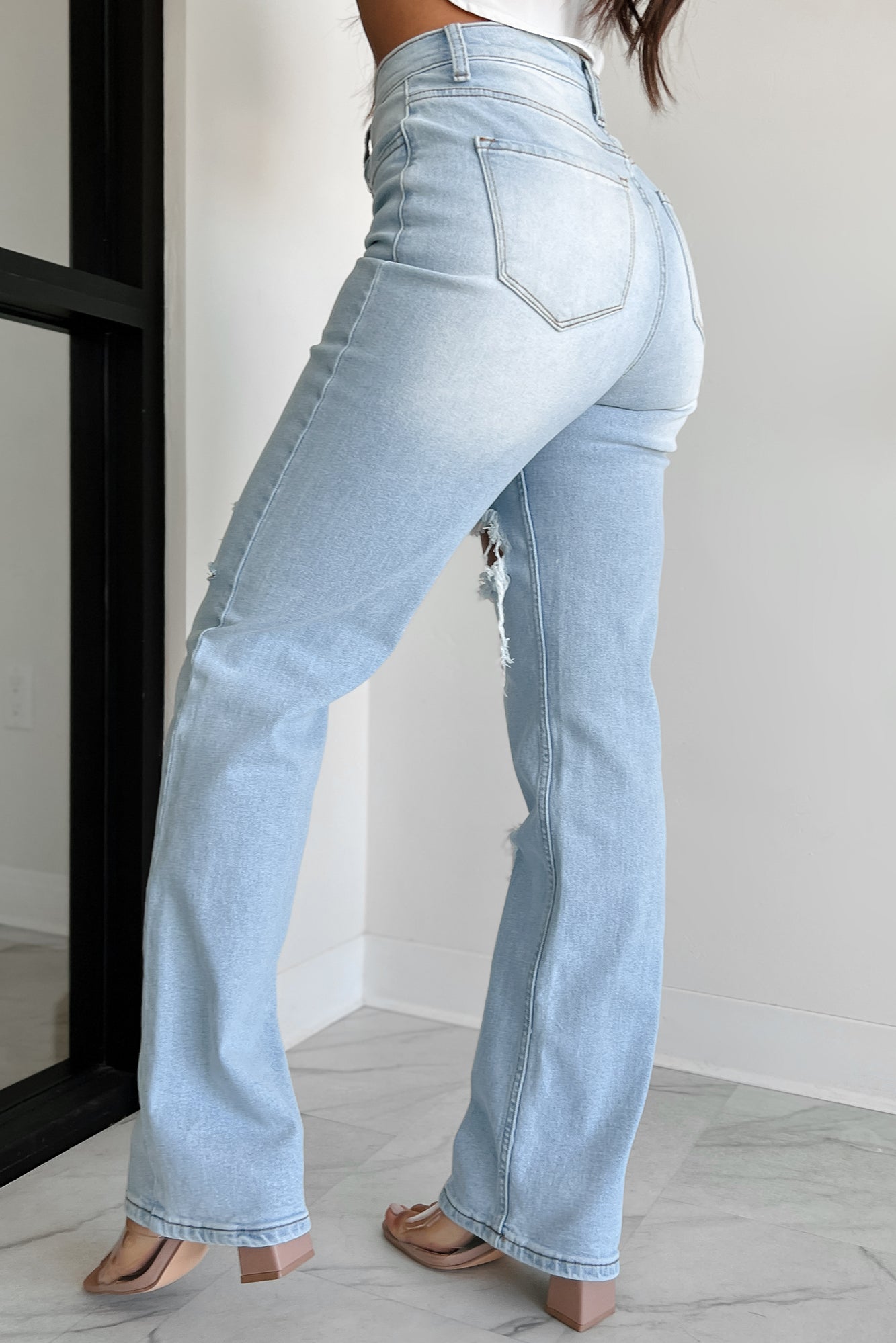 Only Good Days High Rise Distressed Wide Leg Jeans (Light)-The Formal Wear