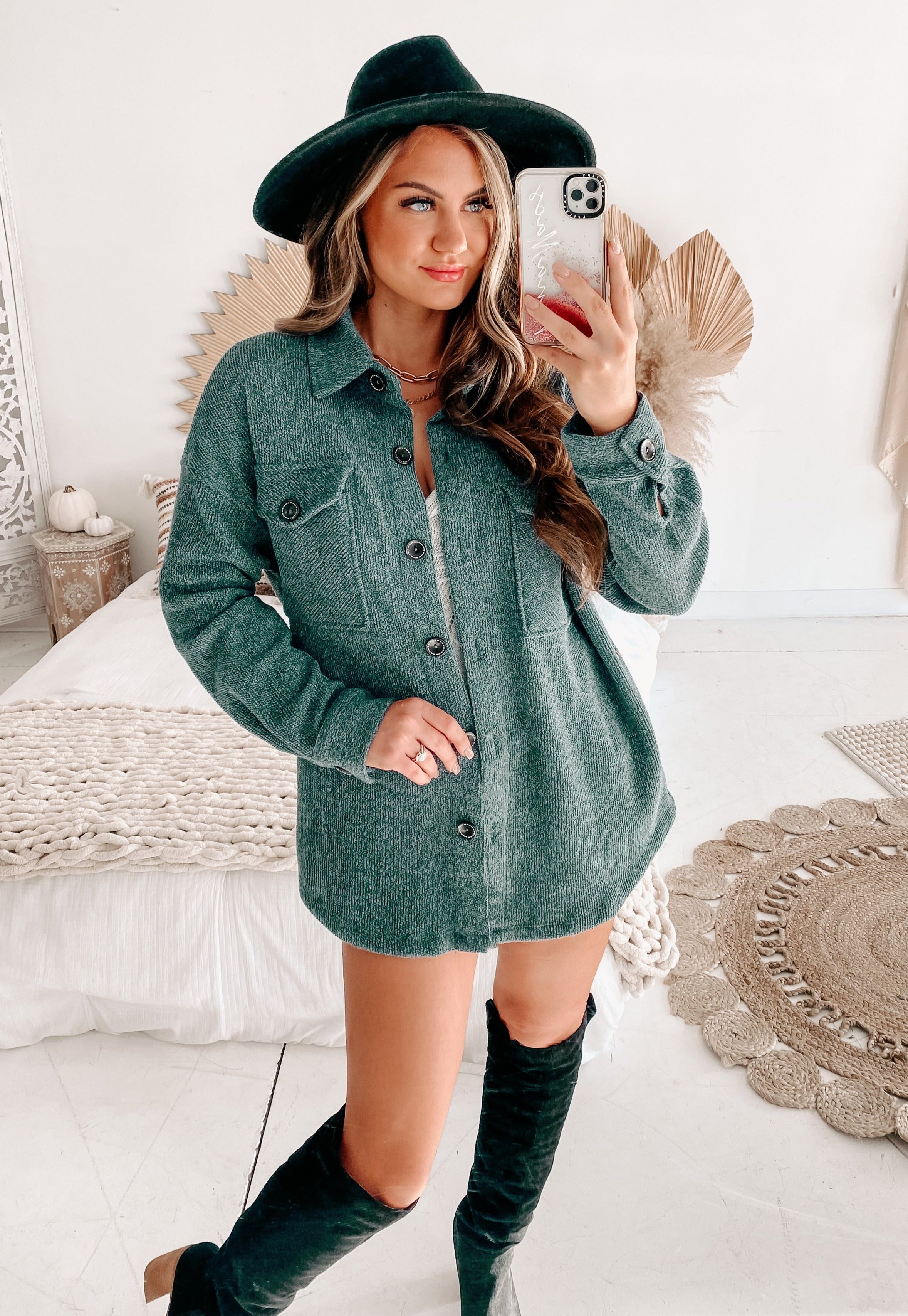 Basic Beliefs Oversized Textured Knit Shacket (Hunter Green)-The Formal Wear