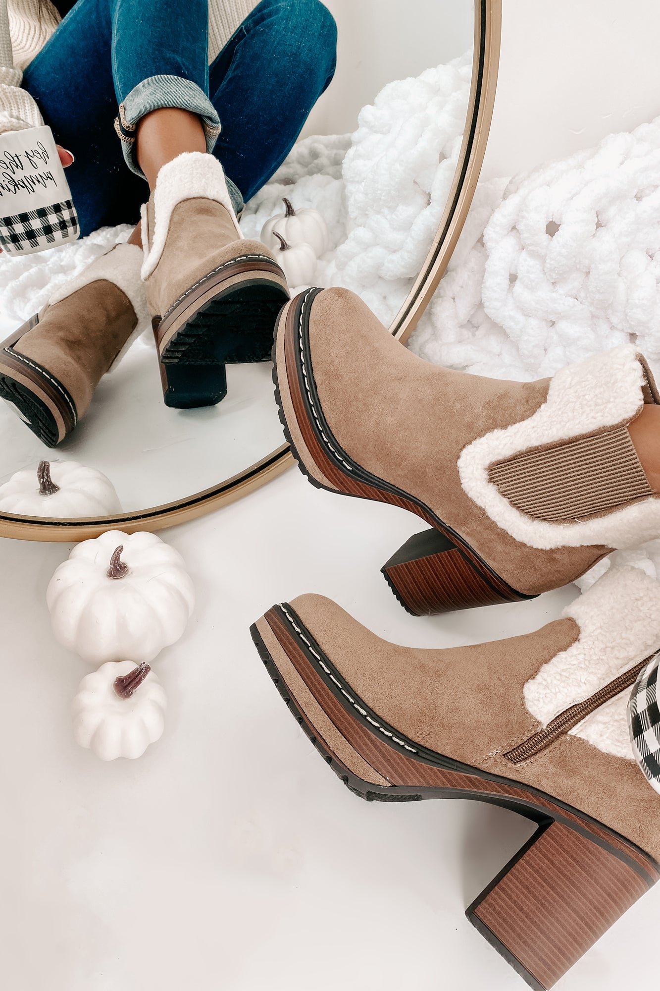 IMPERFECT Stay In Step Sherpa Cuff Platform Booties (Taupe)-The Formal Wear