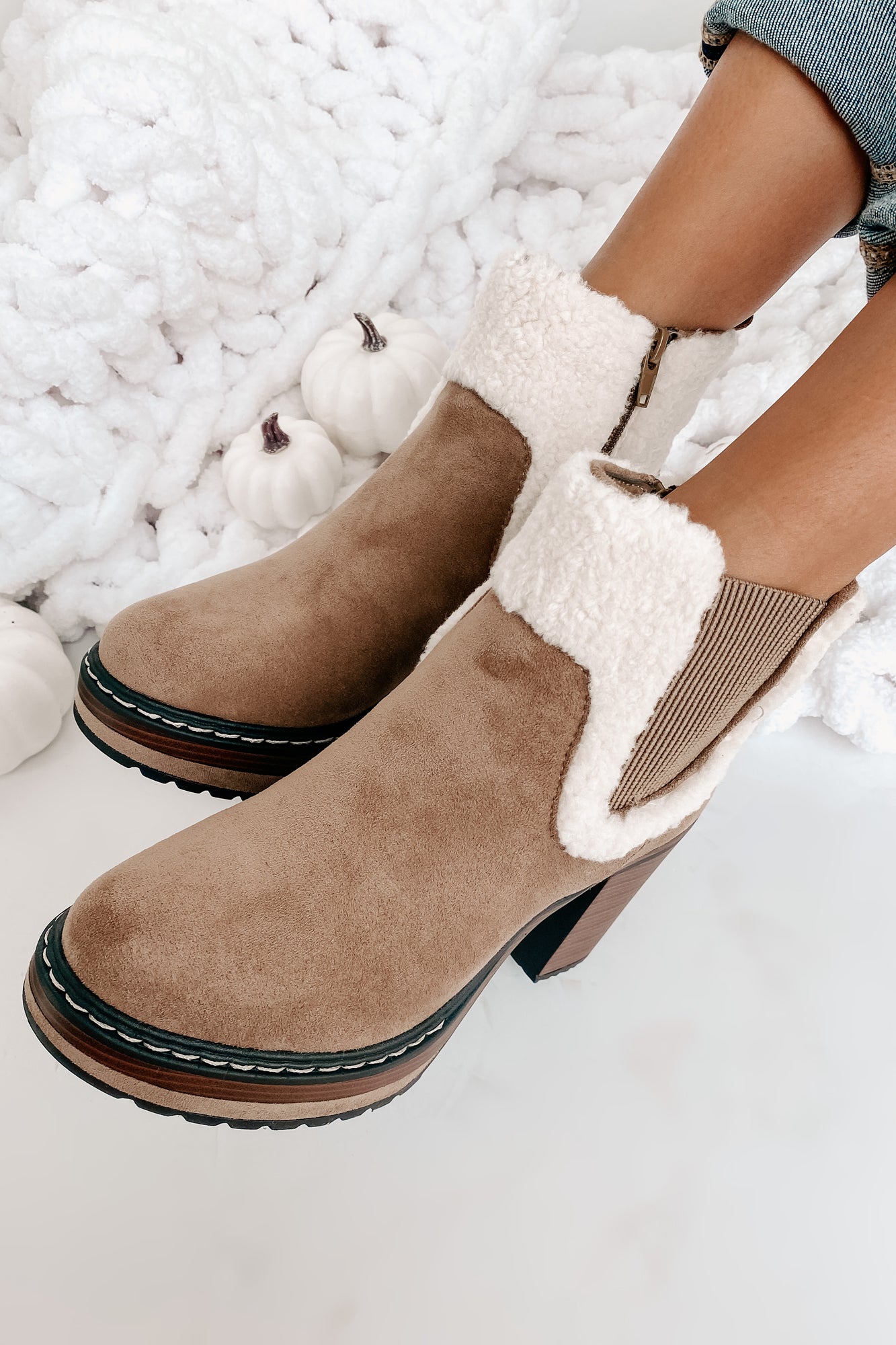 IMPERFECT Stay In Step Sherpa Cuff Platform Booties (Taupe)-The Formal Wear