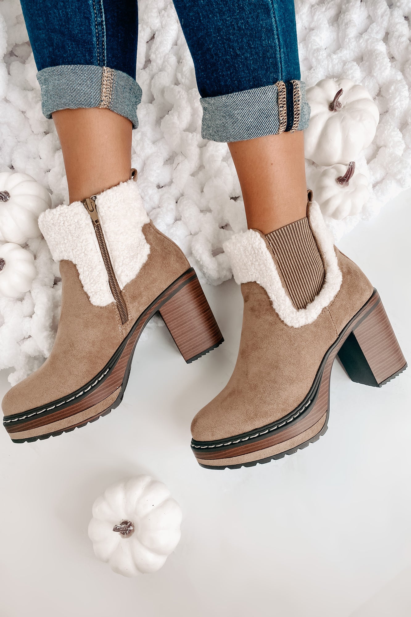 IMPERFECT Stay In Step Sherpa Cuff Platform Booties (Taupe)-The Formal Wear