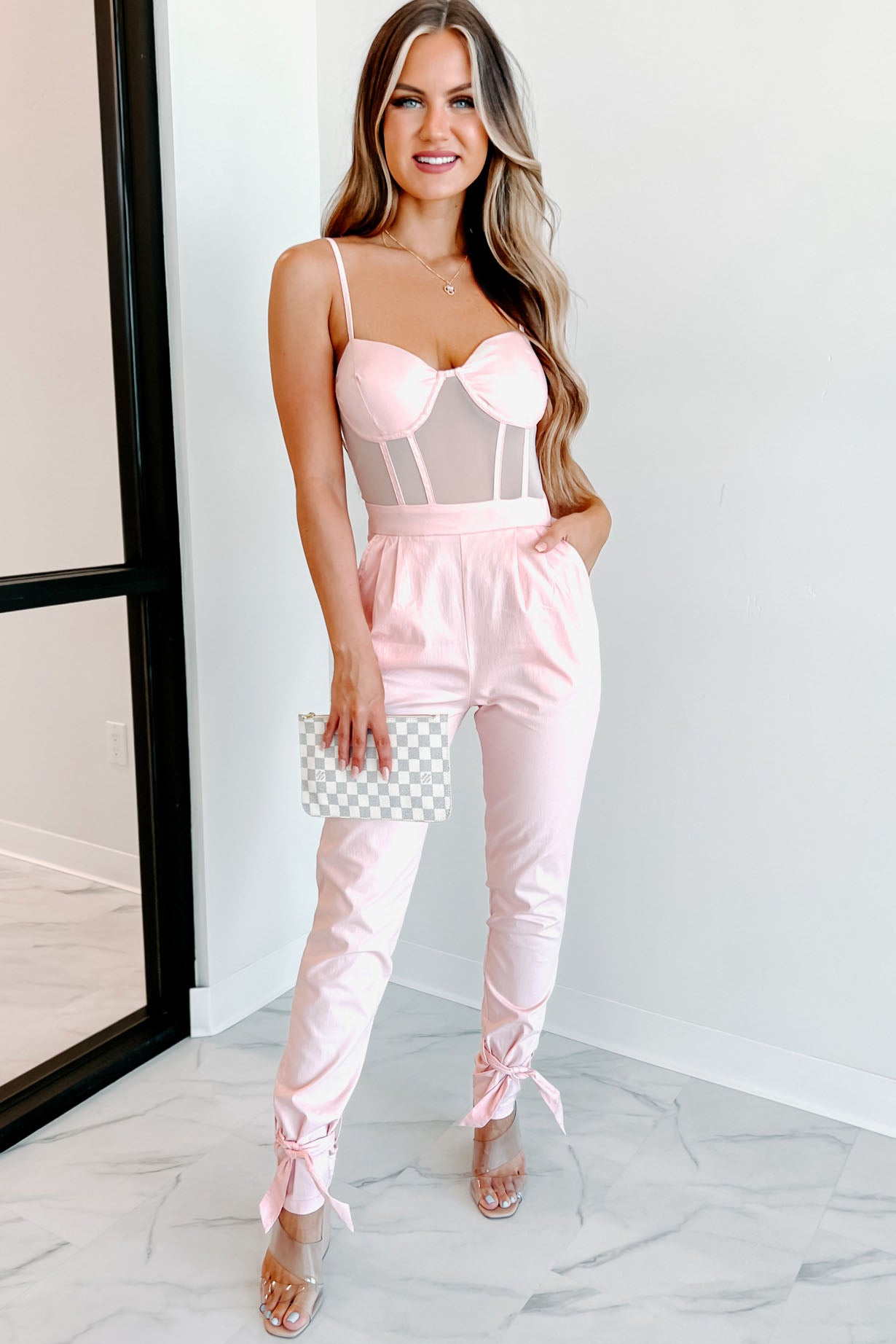 New Attraction Padded Mesh Tie-Ankle Jumpsuit (Blush)-The Formal Wear