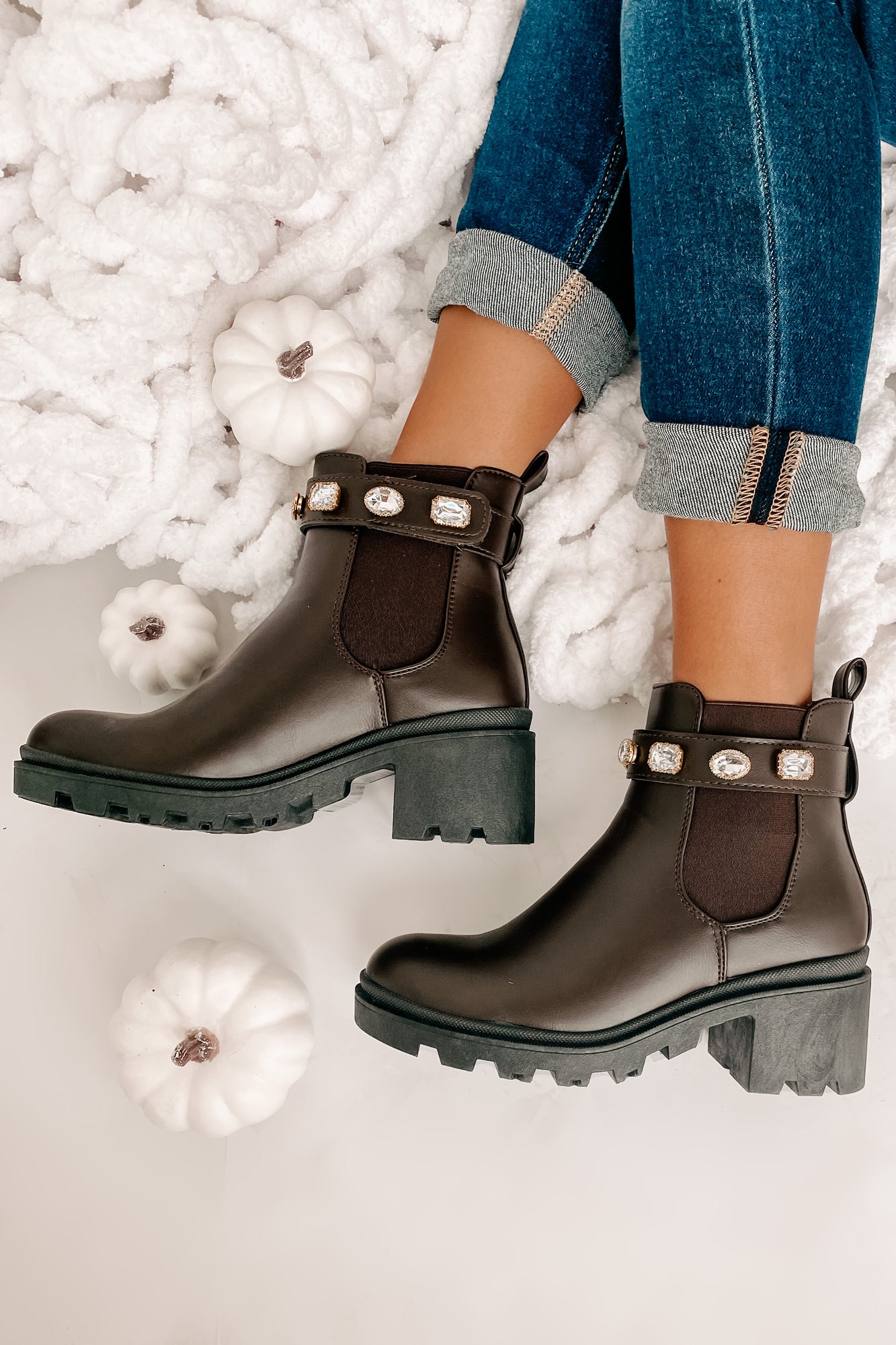 IMPERFECT Strong Opinions Faux Leather Jewel Strap Booties (Brown)-The Formal Wear