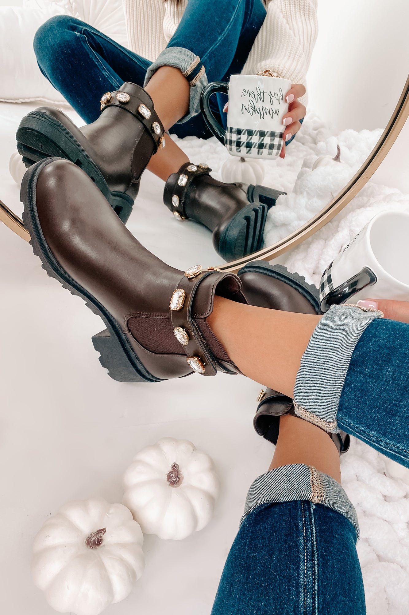 IMPERFECT Strong Opinions Faux Leather Jewel Strap Booties (Brown)-The Formal Wear