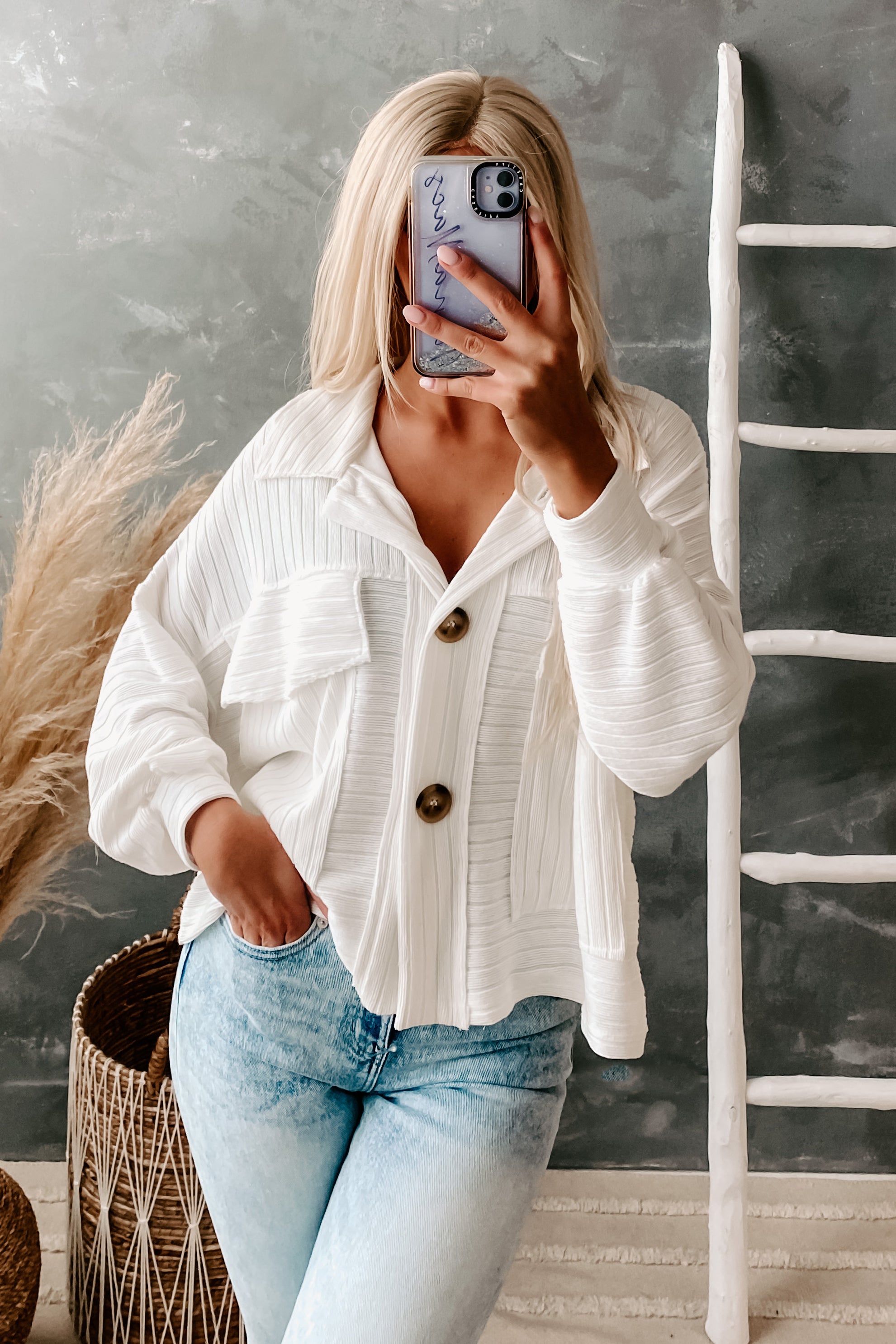 Caught Daydreaming Oversized Textured Shacket (White)-The Formal Wear