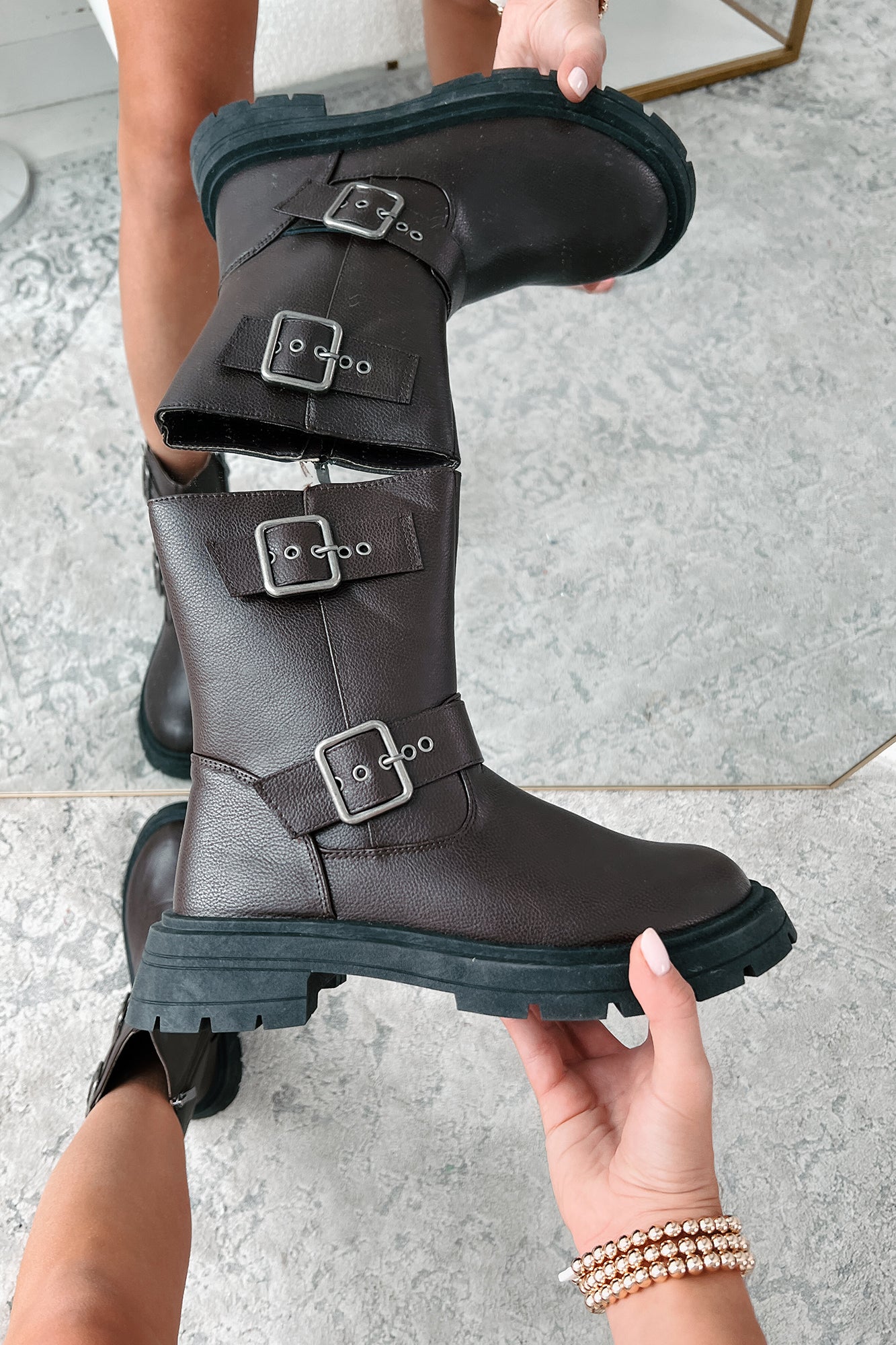 Born To Ride Buckle Strap Biker Boots (Brown)-The Formal Wear