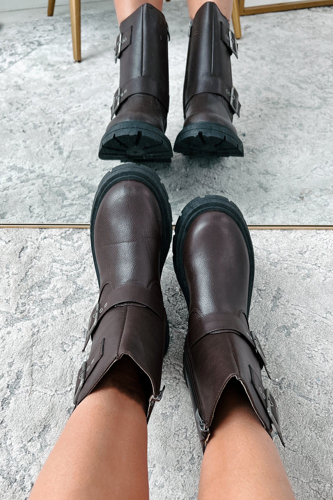 Born To Ride Buckle Strap Biker Boots (Brown)-The Formal Wear