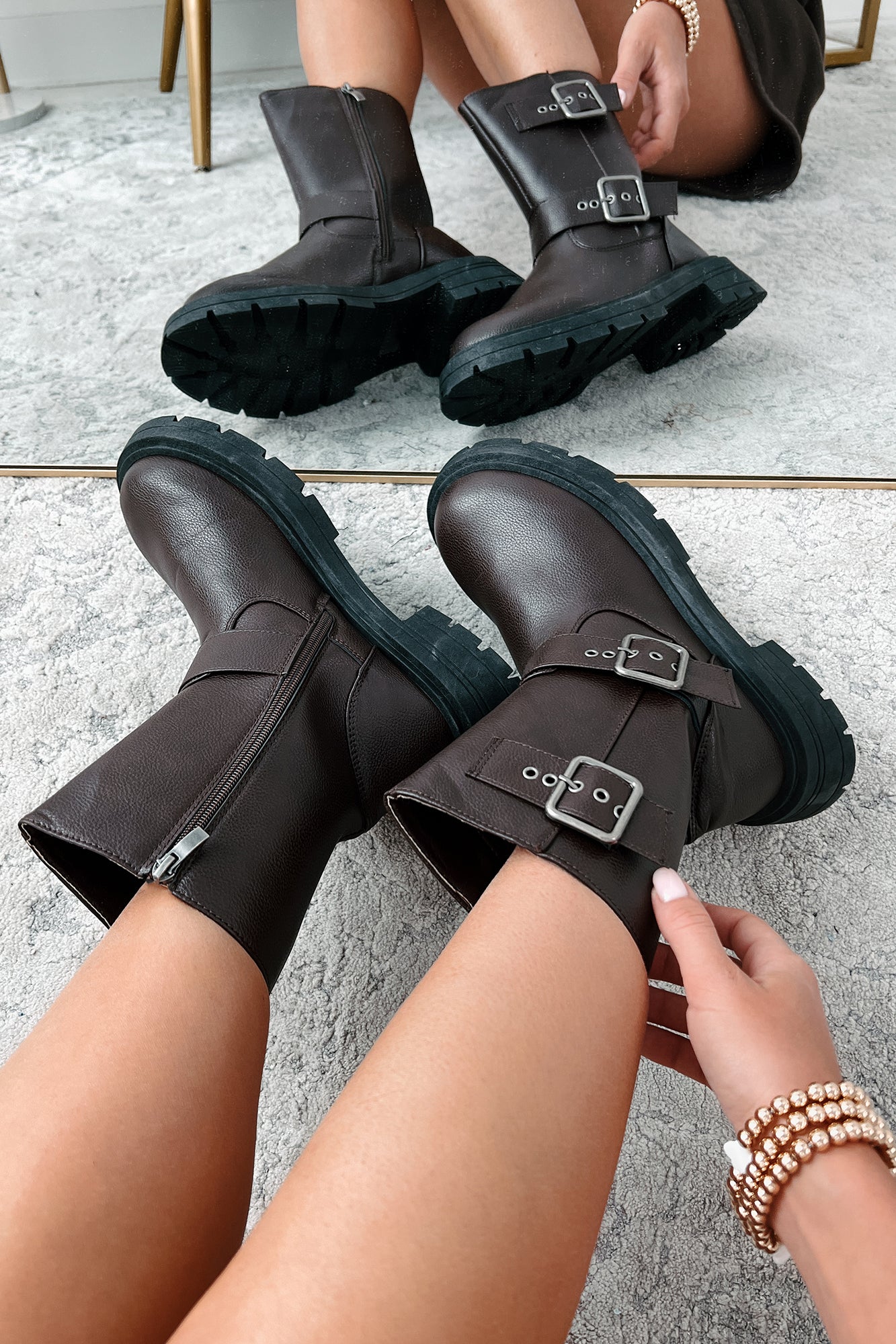 Born To Ride Buckle Strap Biker Boots (Brown)-The Formal Wear