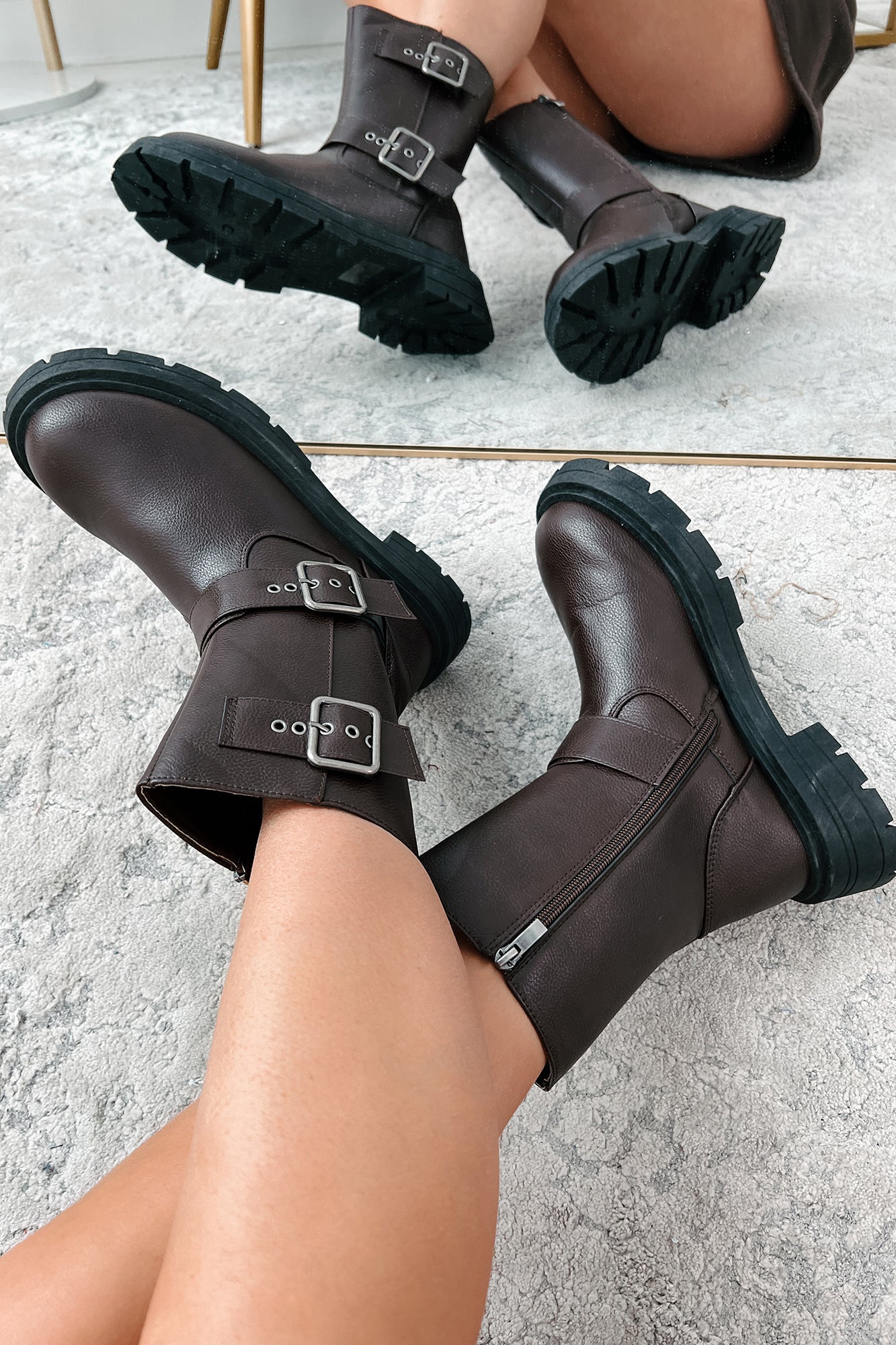 Born To Ride Buckle Strap Biker Boots (Brown)-The Formal Wear