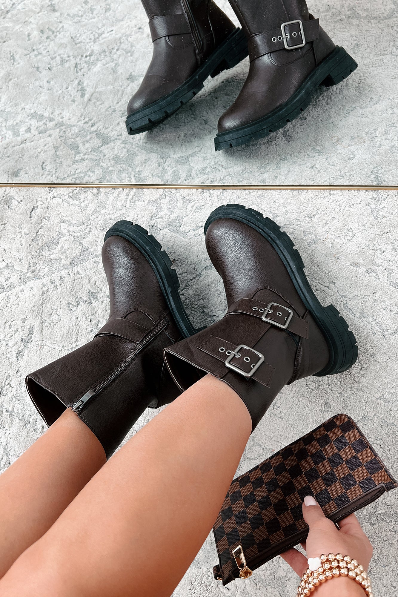 Born To Ride Buckle Strap Biker Boots (Brown)-The Formal Wear