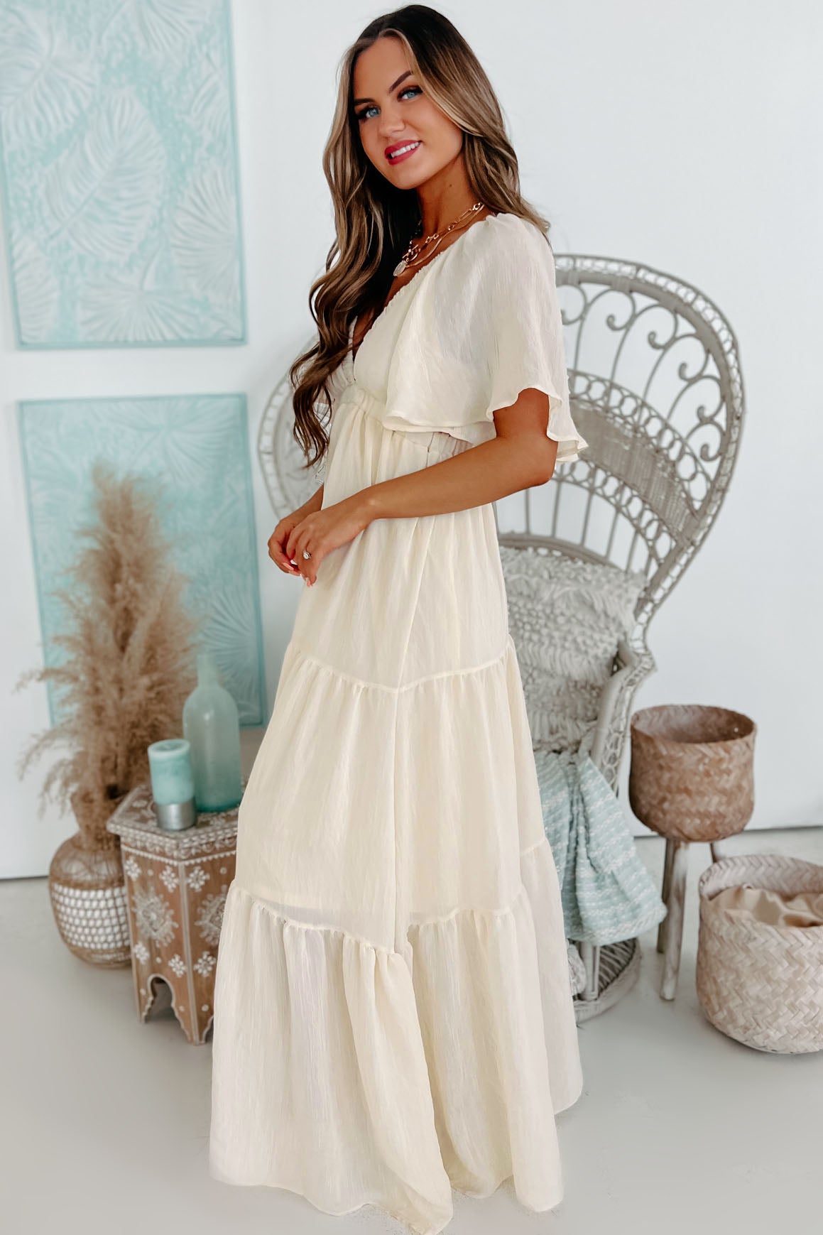 Appreciate Your Day Flutter Sleeve Tiered Maxi Dress (Cream)-The Formal Wear