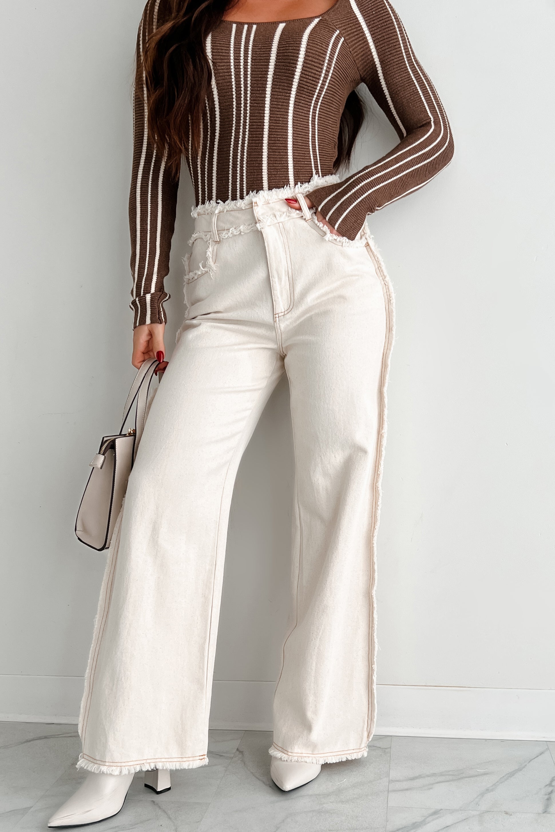 Roswell Frayed Seam Wide Leg Jeans (Off White Denim)-The Formal Wear
