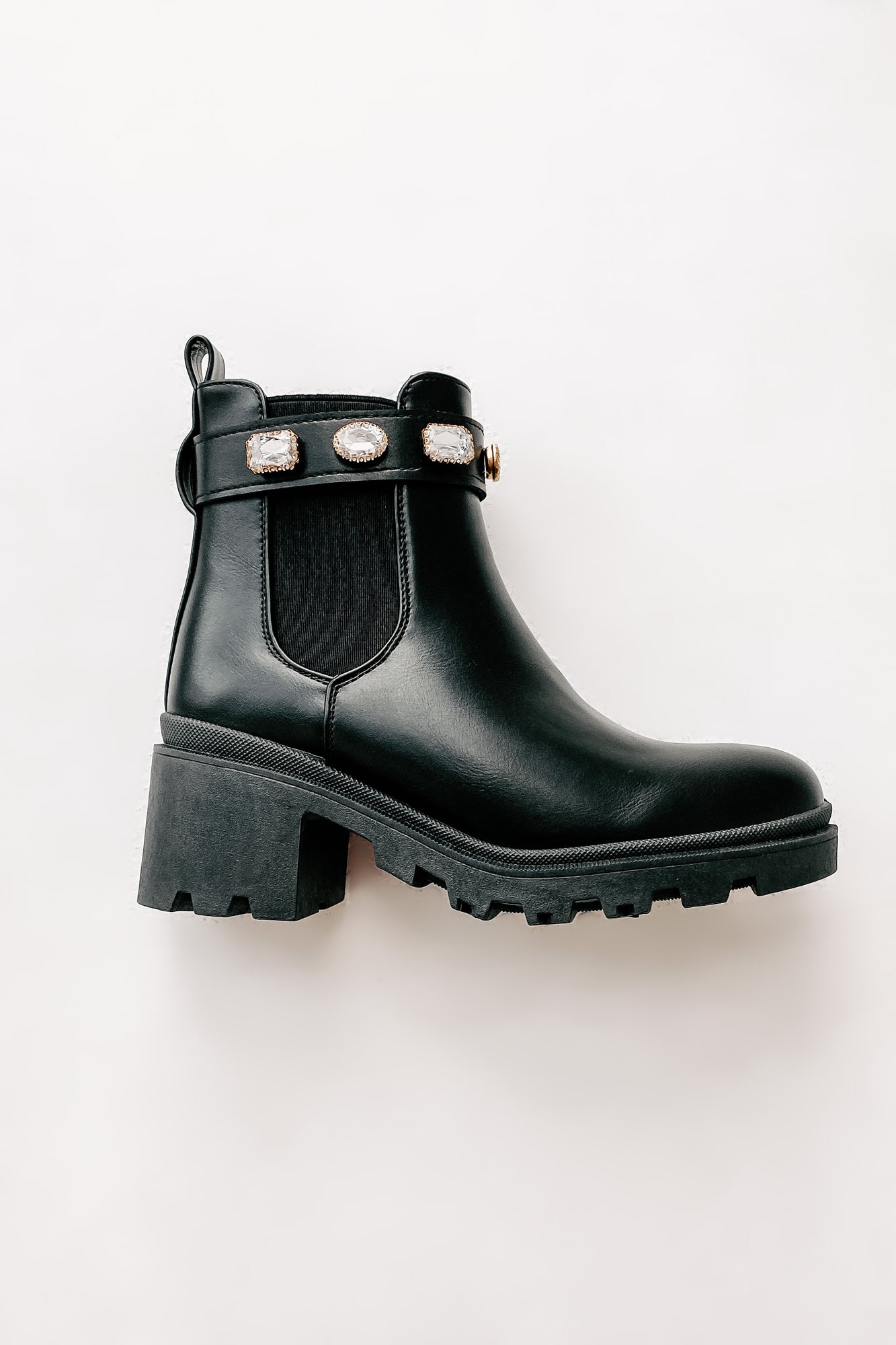 IMPERFECT Strong Opinions Faux Leather Jewel Strap Booties (Black)-The Formal Wear