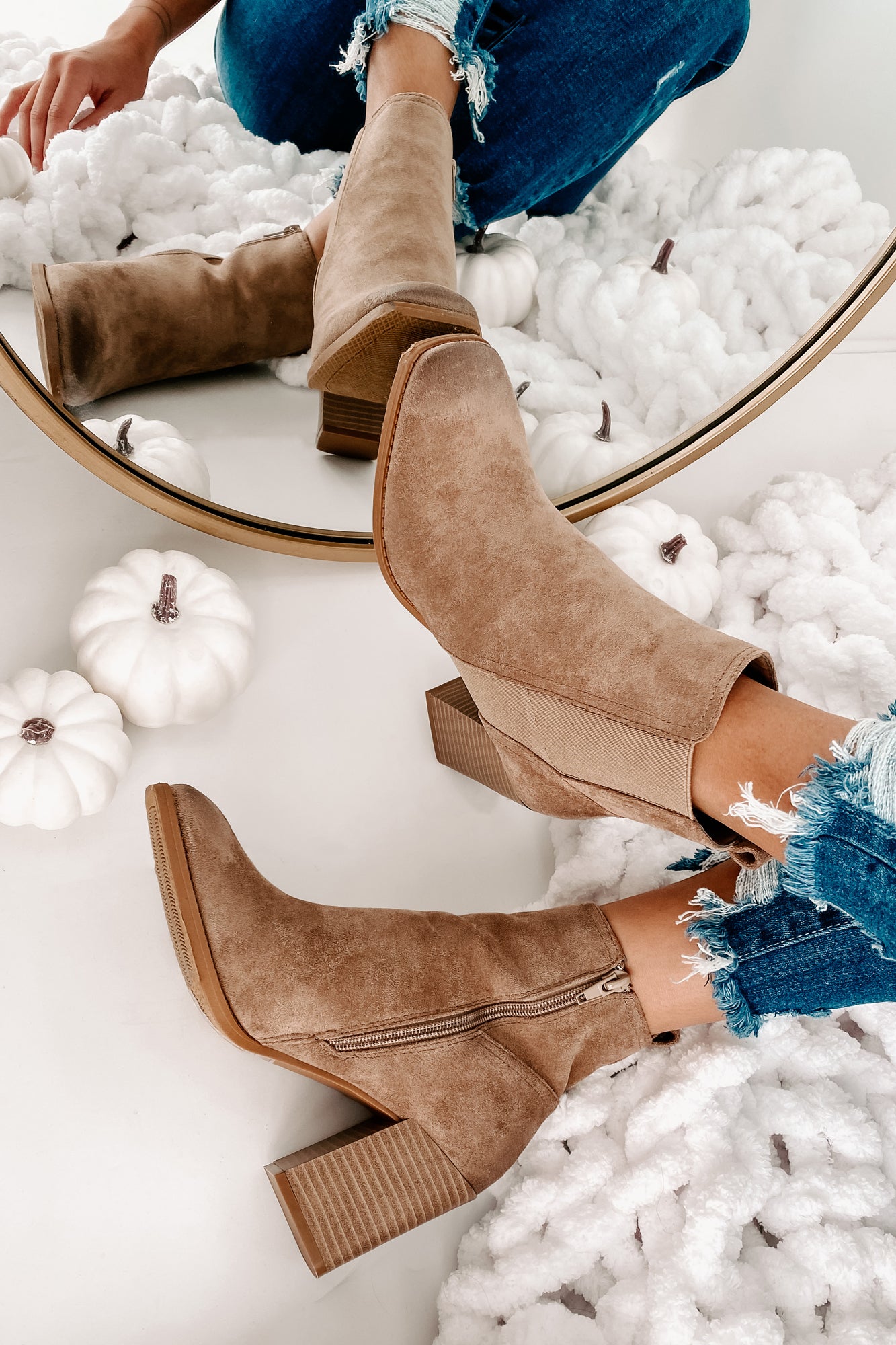 Miss Popular Square Toe Faux Suede Booties (Taupe)-The Formal Wear