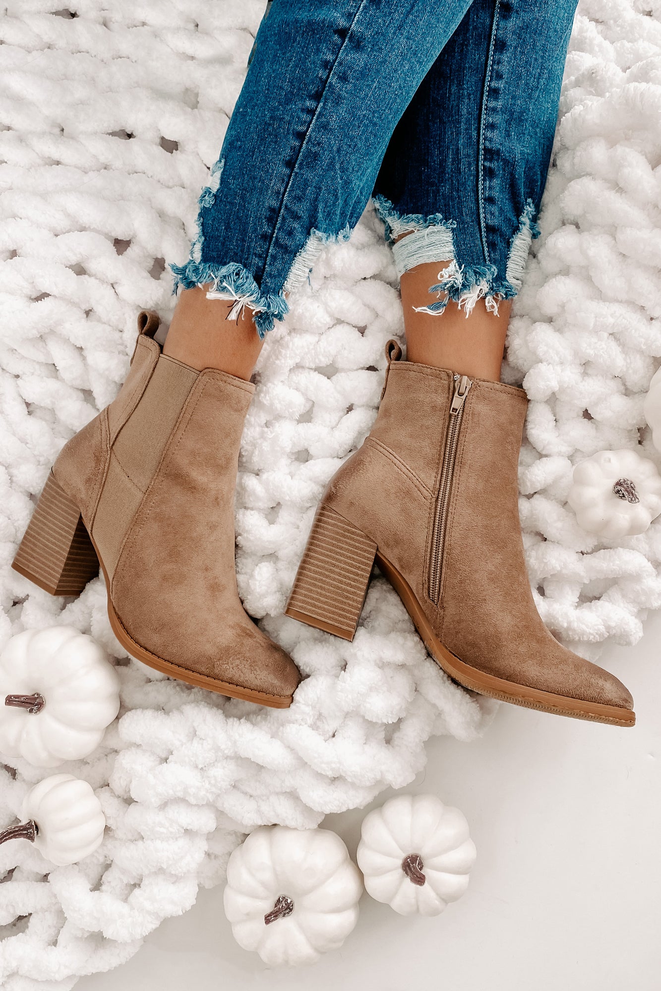 Miss Popular Square Toe Faux Suede Booties (Taupe)-The Formal Wear