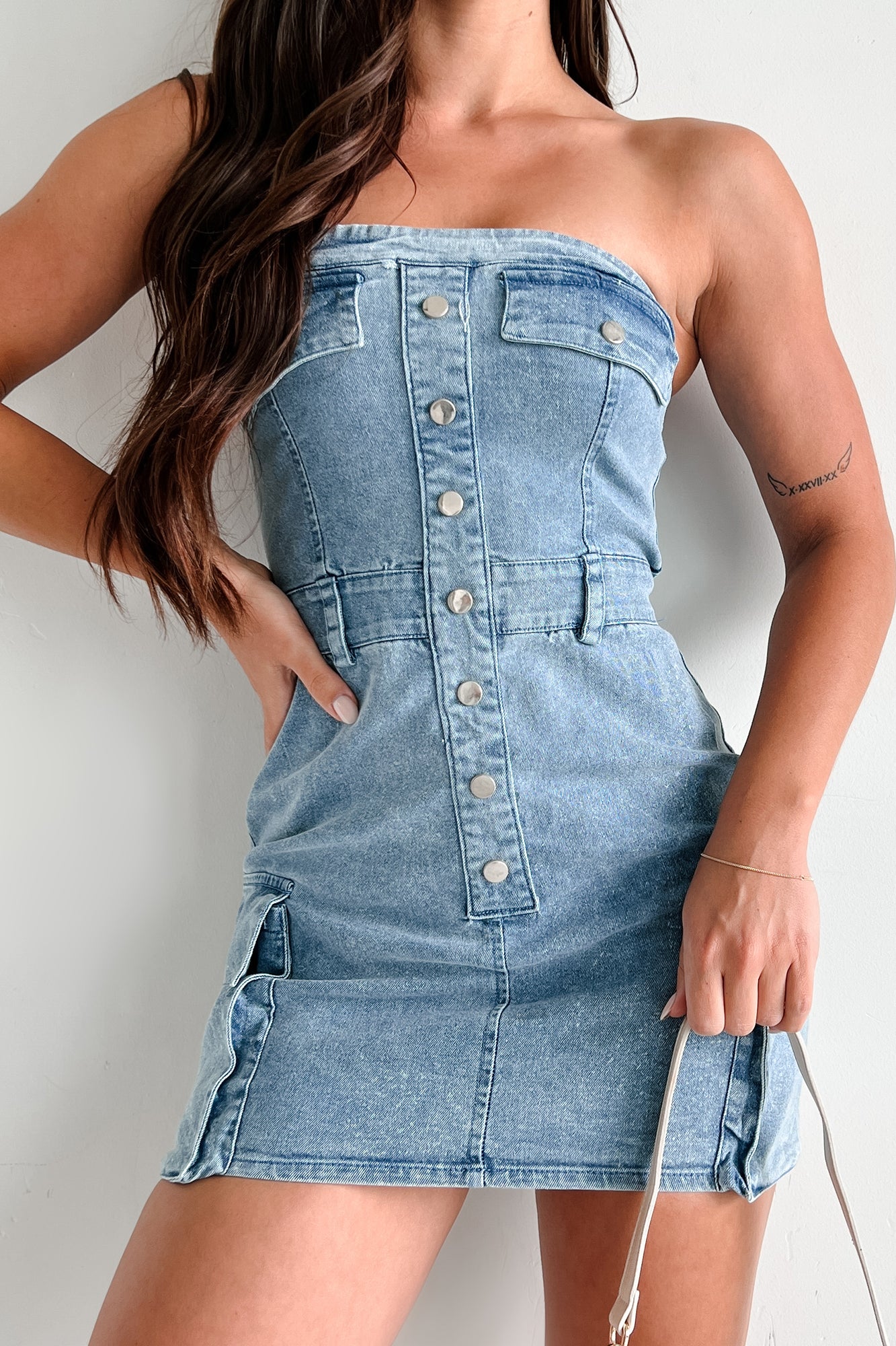 Brandy Strapless Cargo Denim Mini Dress (Light Denim)-The Formal Wear